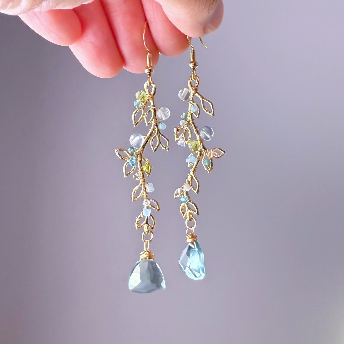 Handmade Golden Leaves with Mint Green Quartz and Mini Crystal Earrings