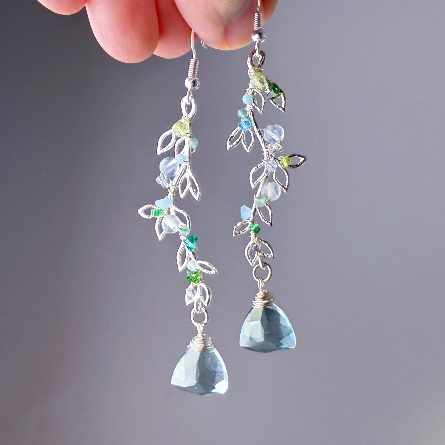 Handmade Silver Leaves with Mint Green Quartz and Mini Crystal Earrings