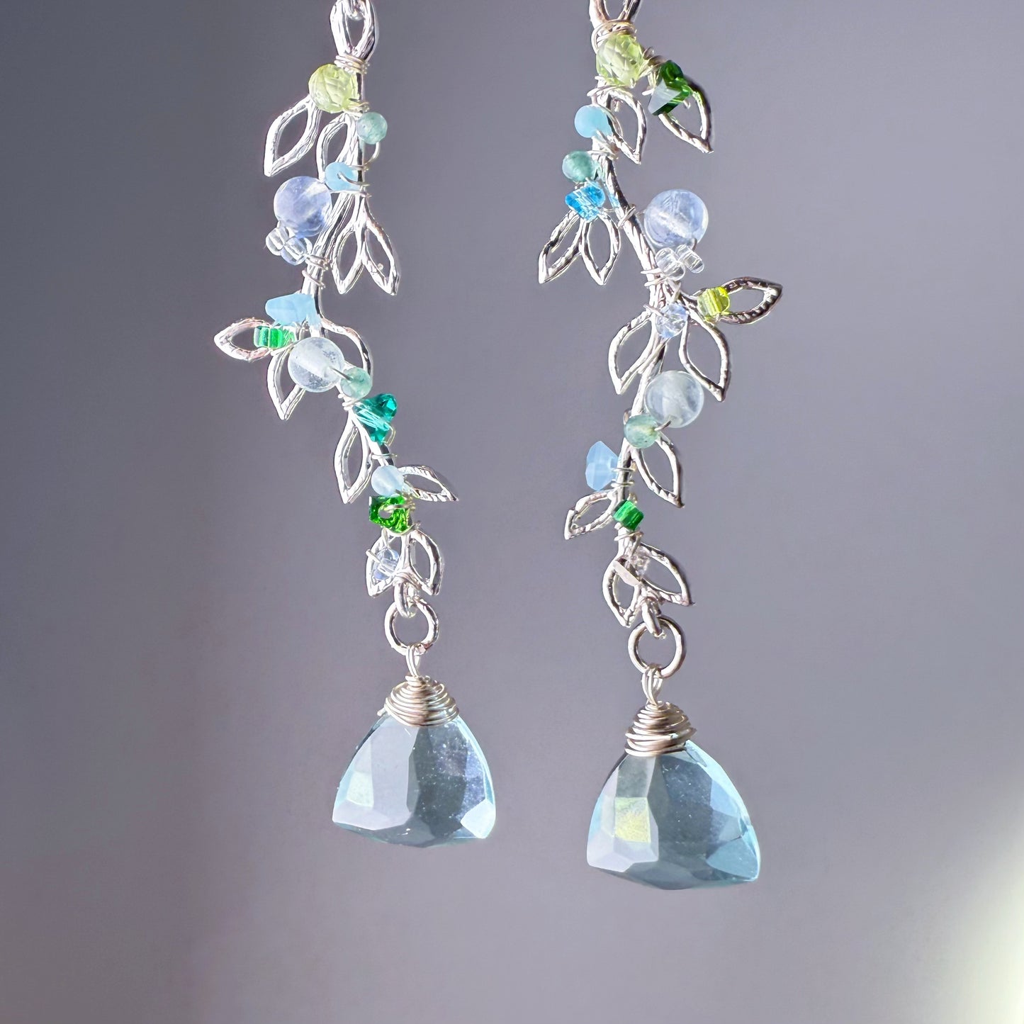 Handmade Silver Leaves with Mint Green Quartz and Mini Crystal Earrings