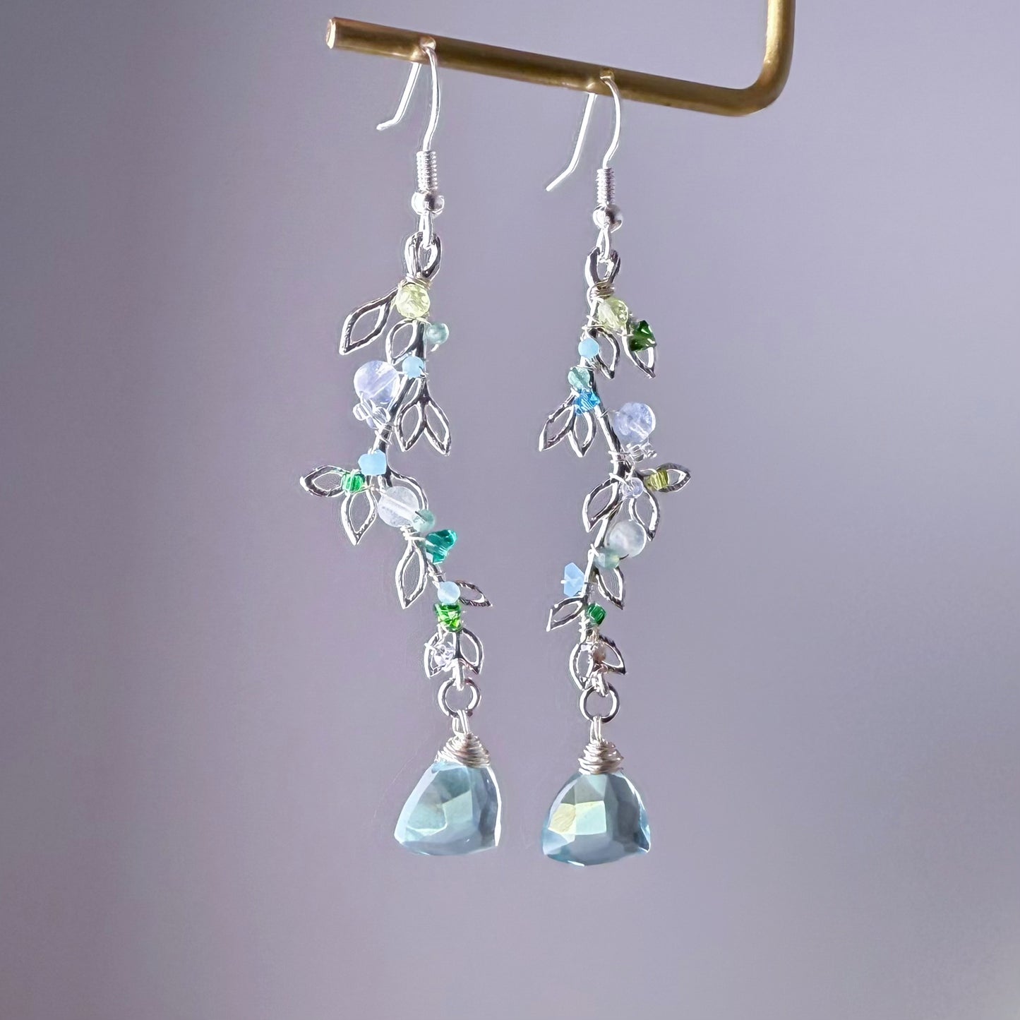 Handmade Silver Leaves with Mint Green Quartz and Mini Crystal Earrings