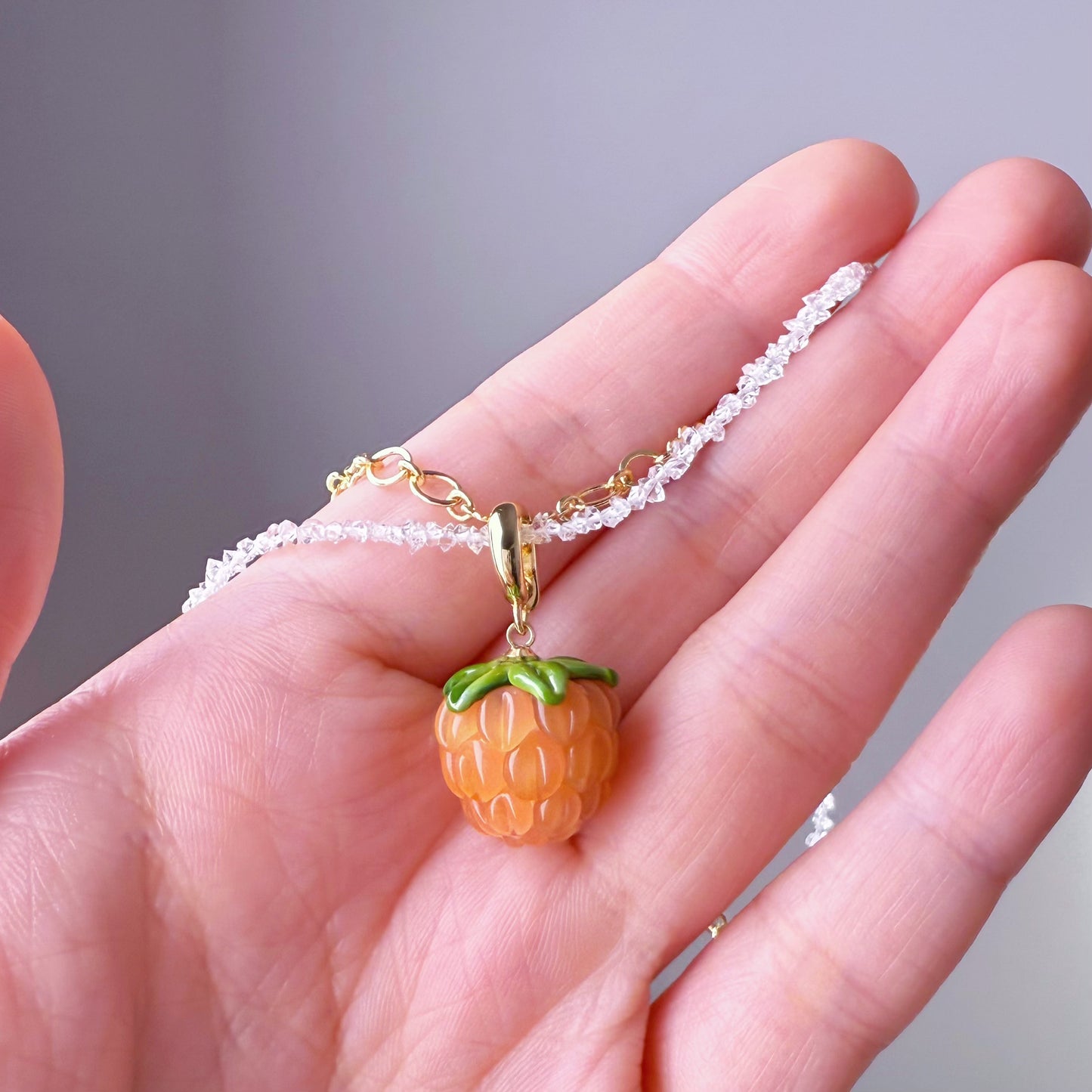 Handmade Herkimer Diamond Crystal Double Chain with Pink Raspberry Pendant Necklace