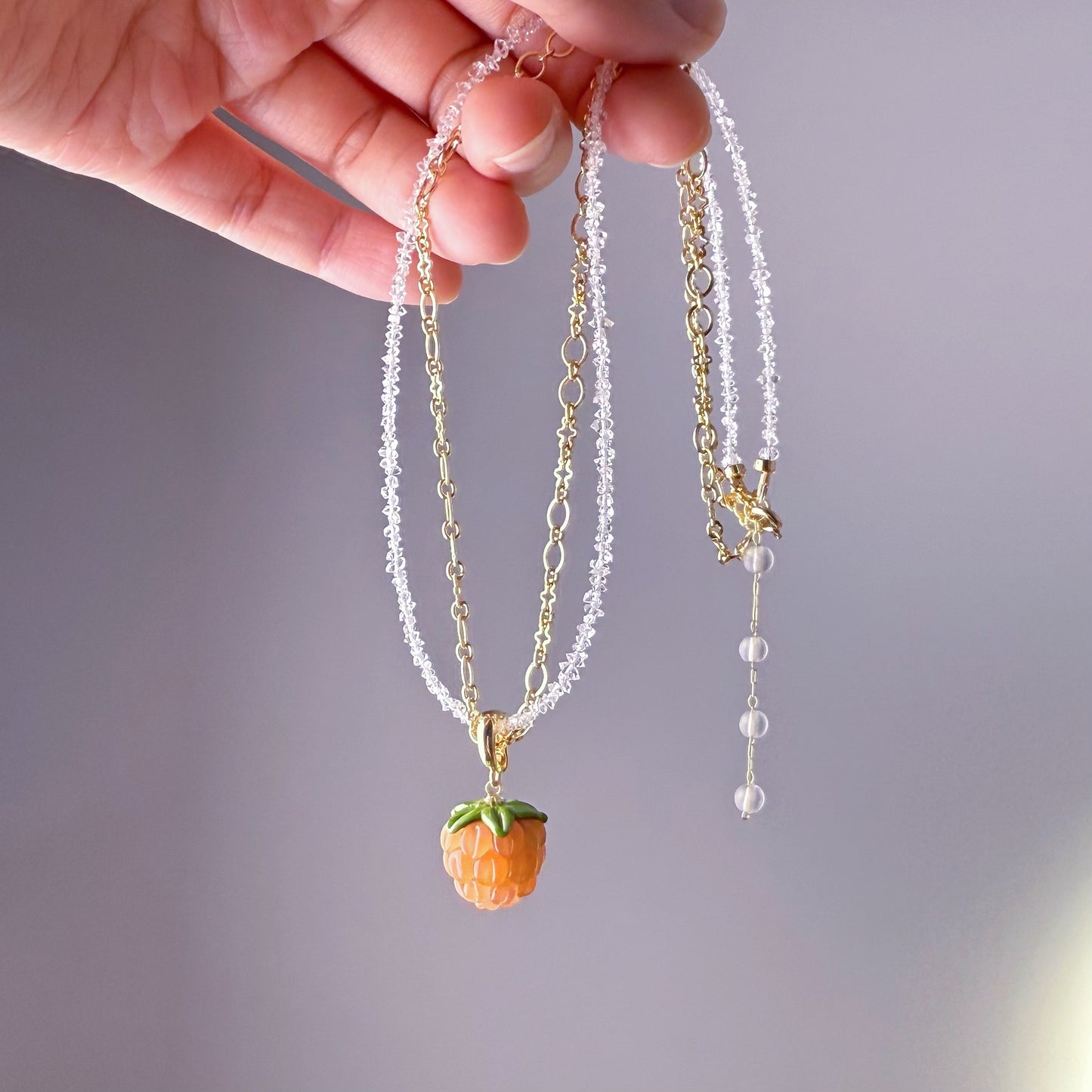 Handmade Herkimer Diamond Crystal Double Chain with Pink Raspberry Pendant Necklace