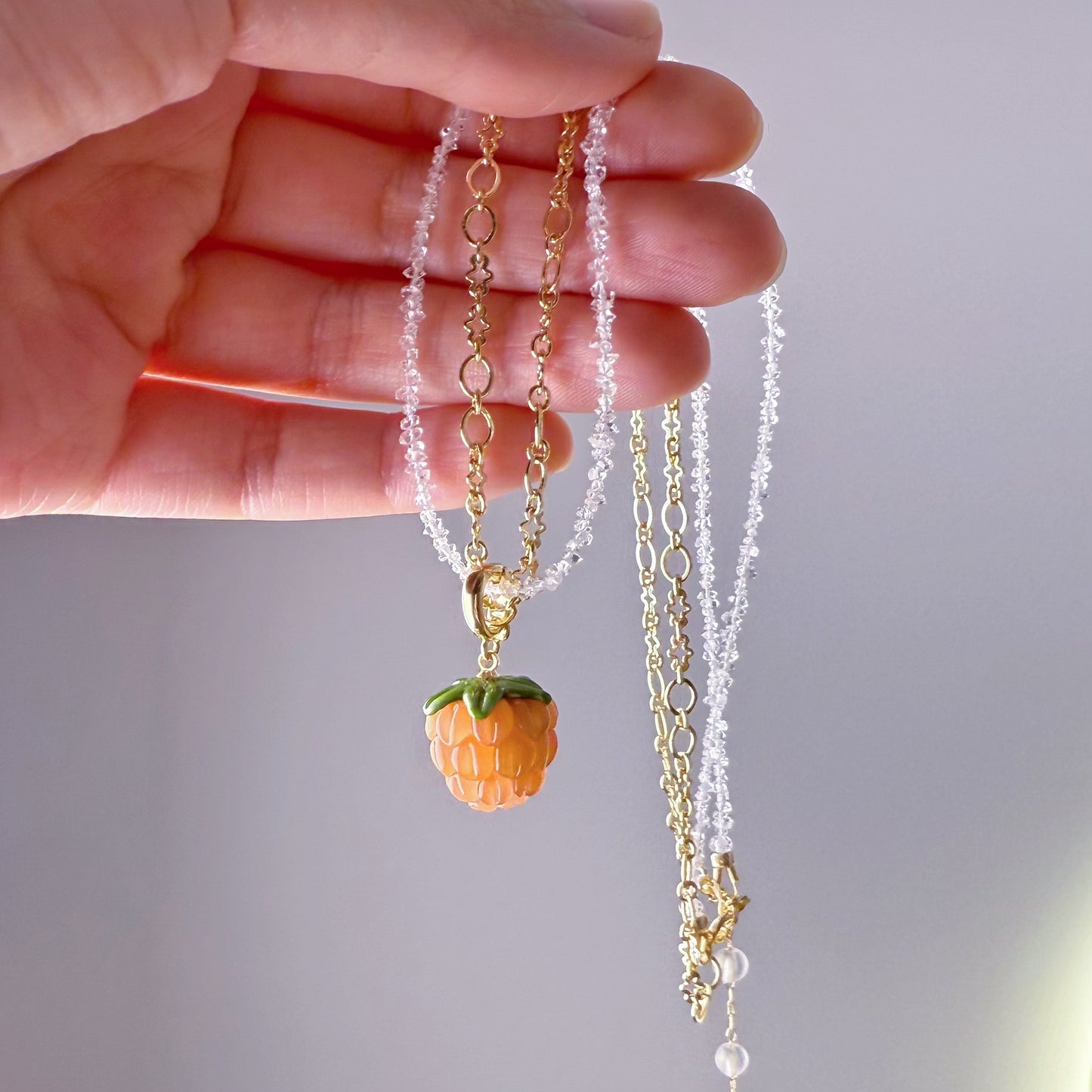 Handmade Herkimer Diamond Crystal Double Chain with Pink Raspberry Pendant Necklace