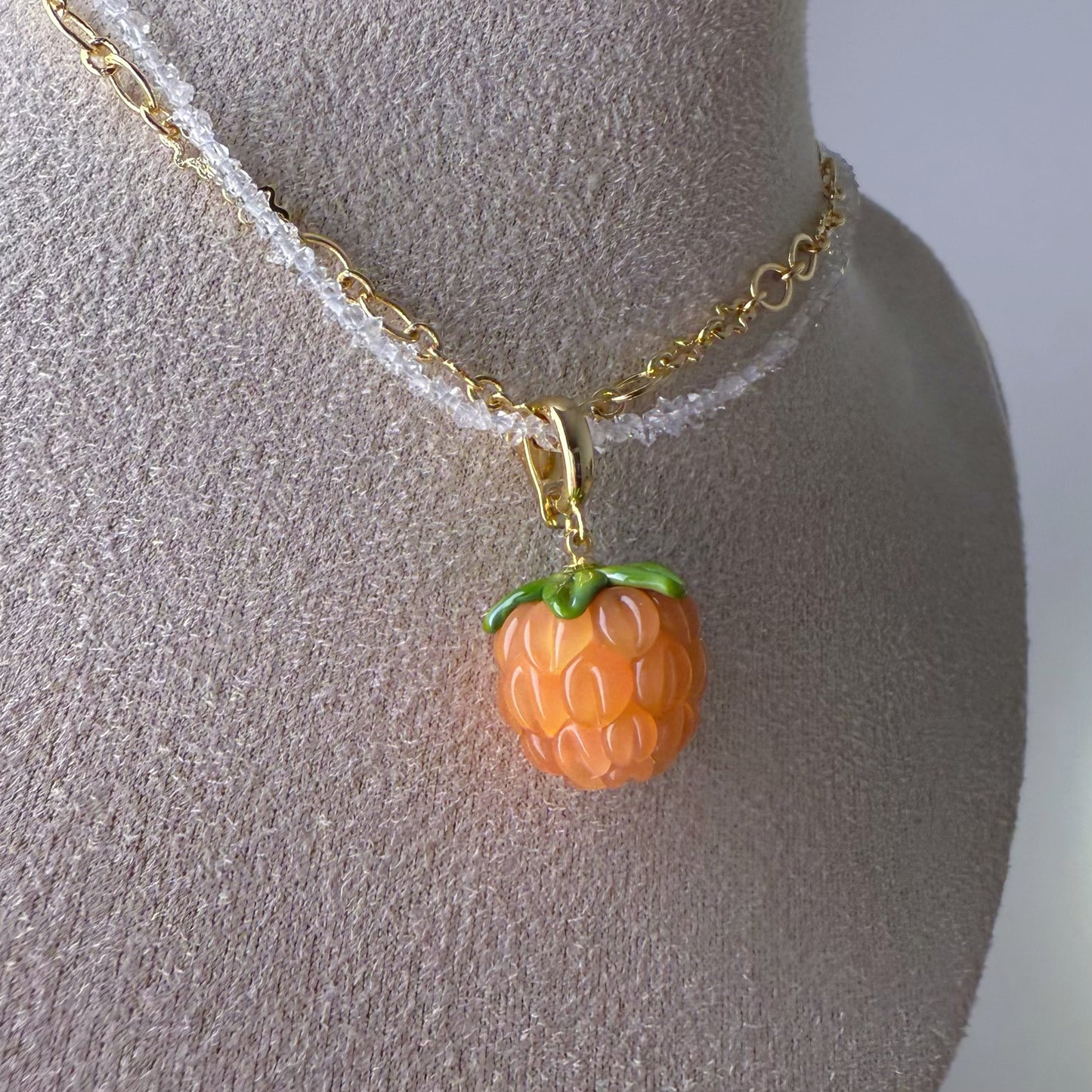 Handmade Herkimer Diamond Crystal Double Chain with Pink Raspberry Pendant Necklace