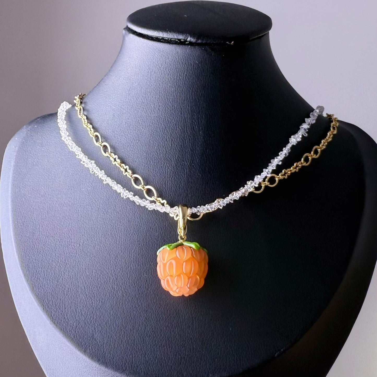 Handmade Herkimer Diamond Crystal Double Chain with Pink Raspberry Pendant Necklace
