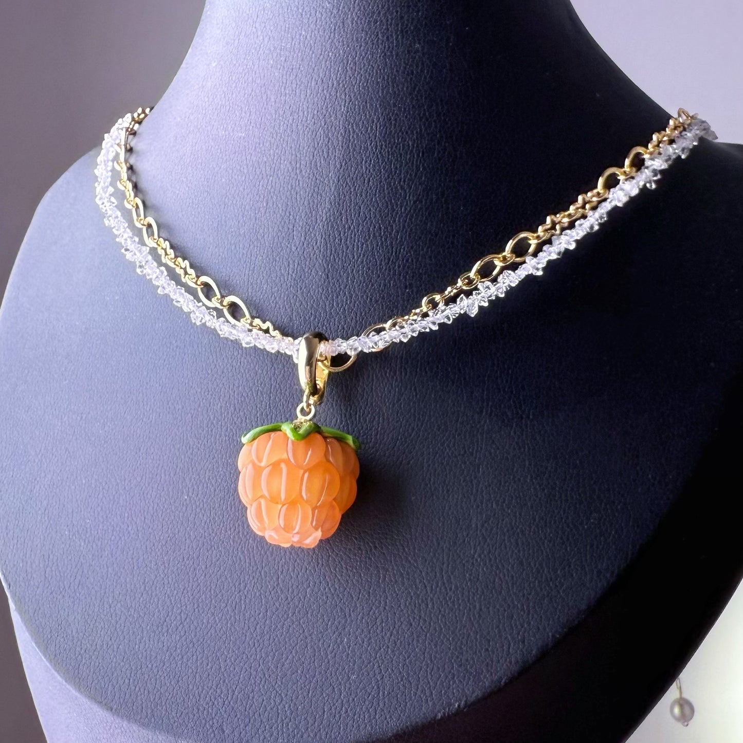 Handmade Herkimer Diamond Crystal Double Chain with Pink Raspberry Pendant Necklace