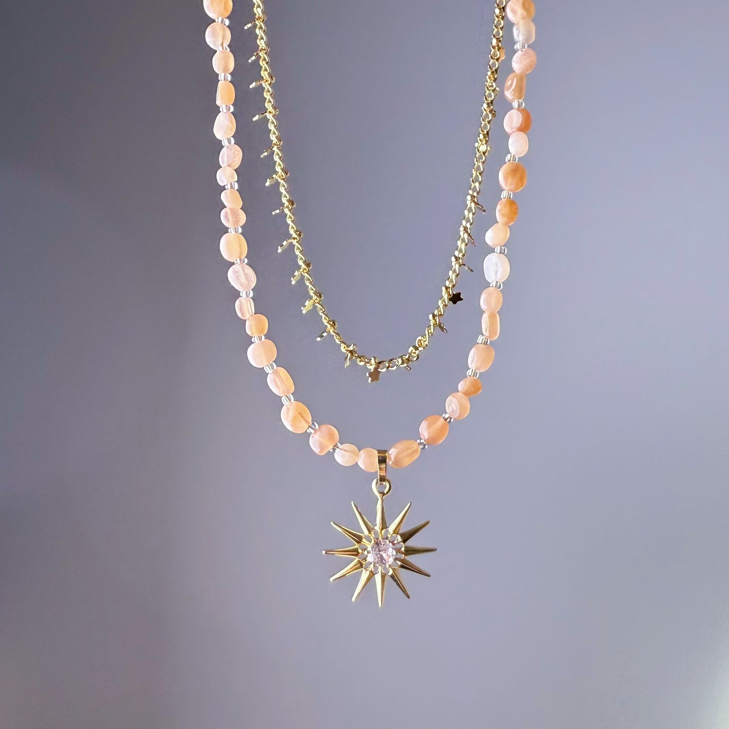 Handmade Orange Moonstone Crystal Double Chain with Sunshine Pendant Necklace