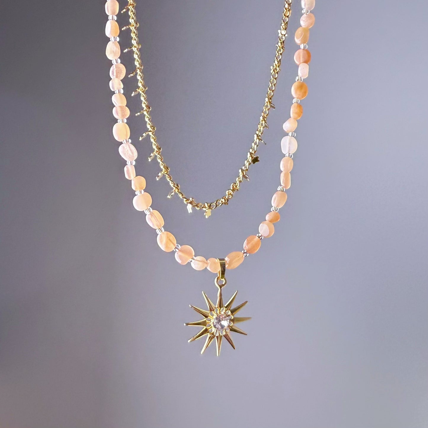 Handmade Orange Moonstone Crystal Double Chain with Sunshine Pendant Necklace