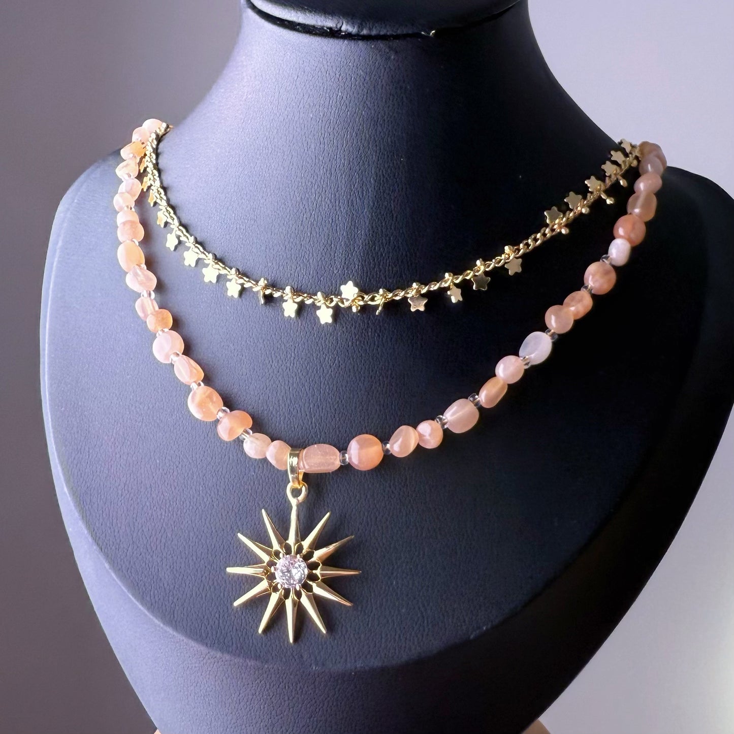 Handmade Orange Moonstone Crystal Double Chain with Sunshine Pendant Necklace