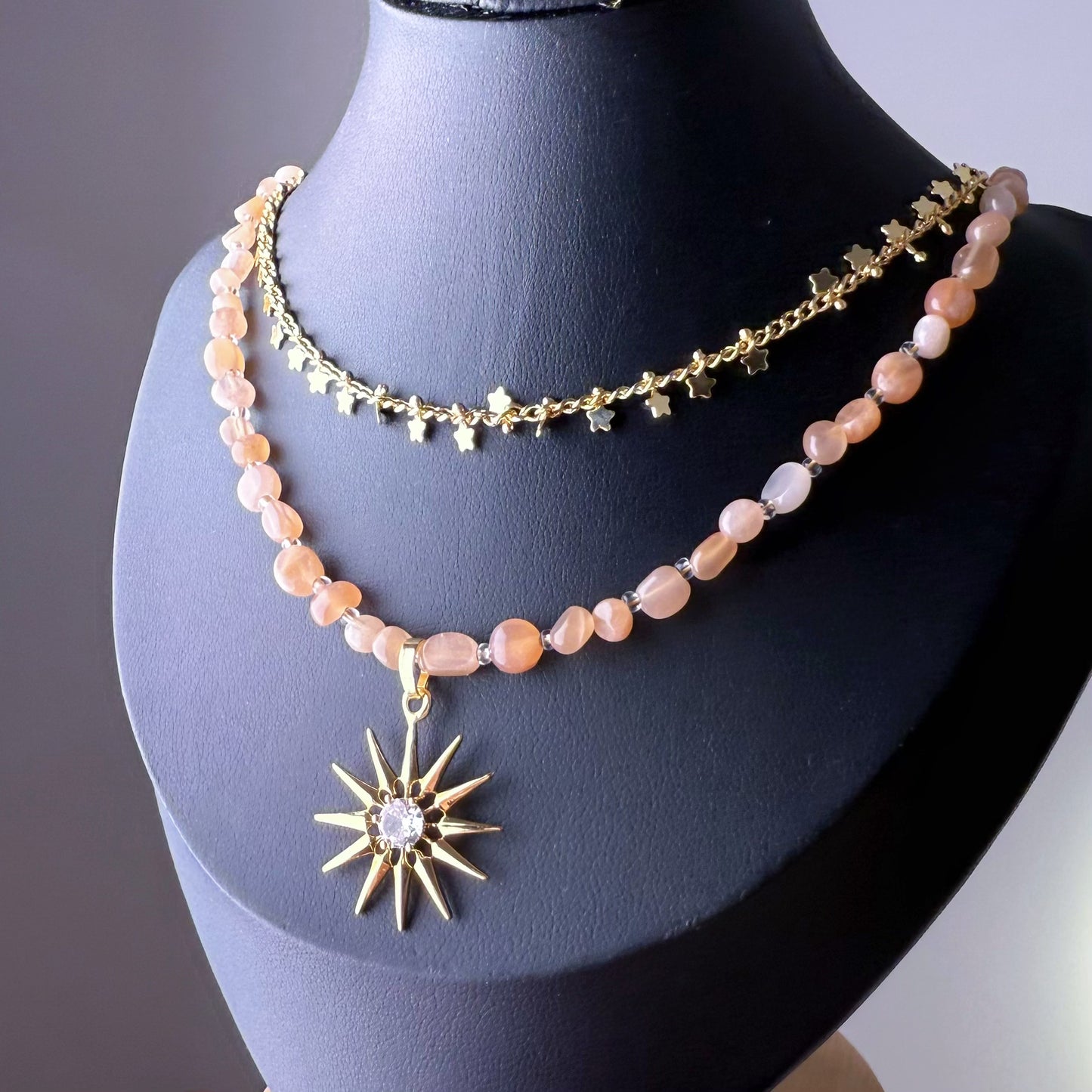 Handmade Orange Moonstone Crystal Double Chain with Sunshine Pendant Necklace