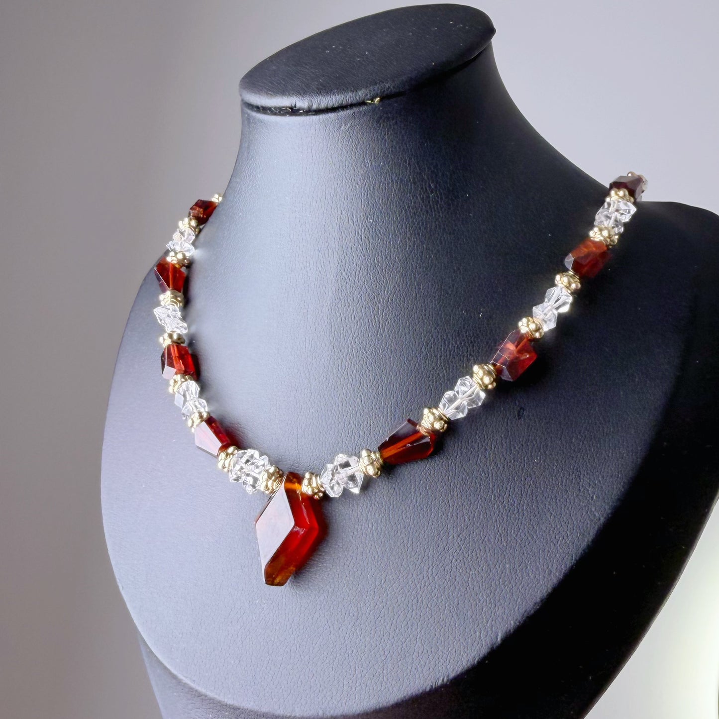 Handmade Garnet Faceted Gemstone and Herkimer Diamond Beads Necklace