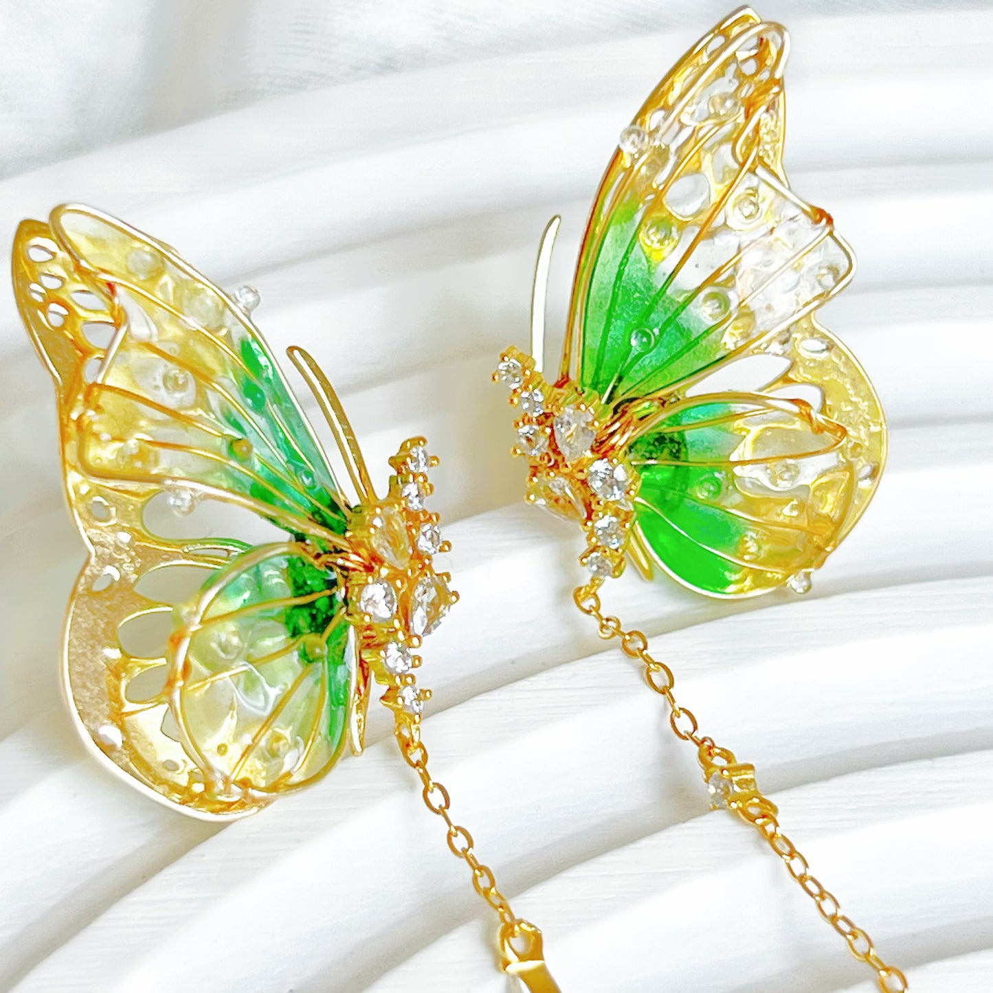 Handmade Yellow Green Butterflies with Drops Earrings-Ninaouity