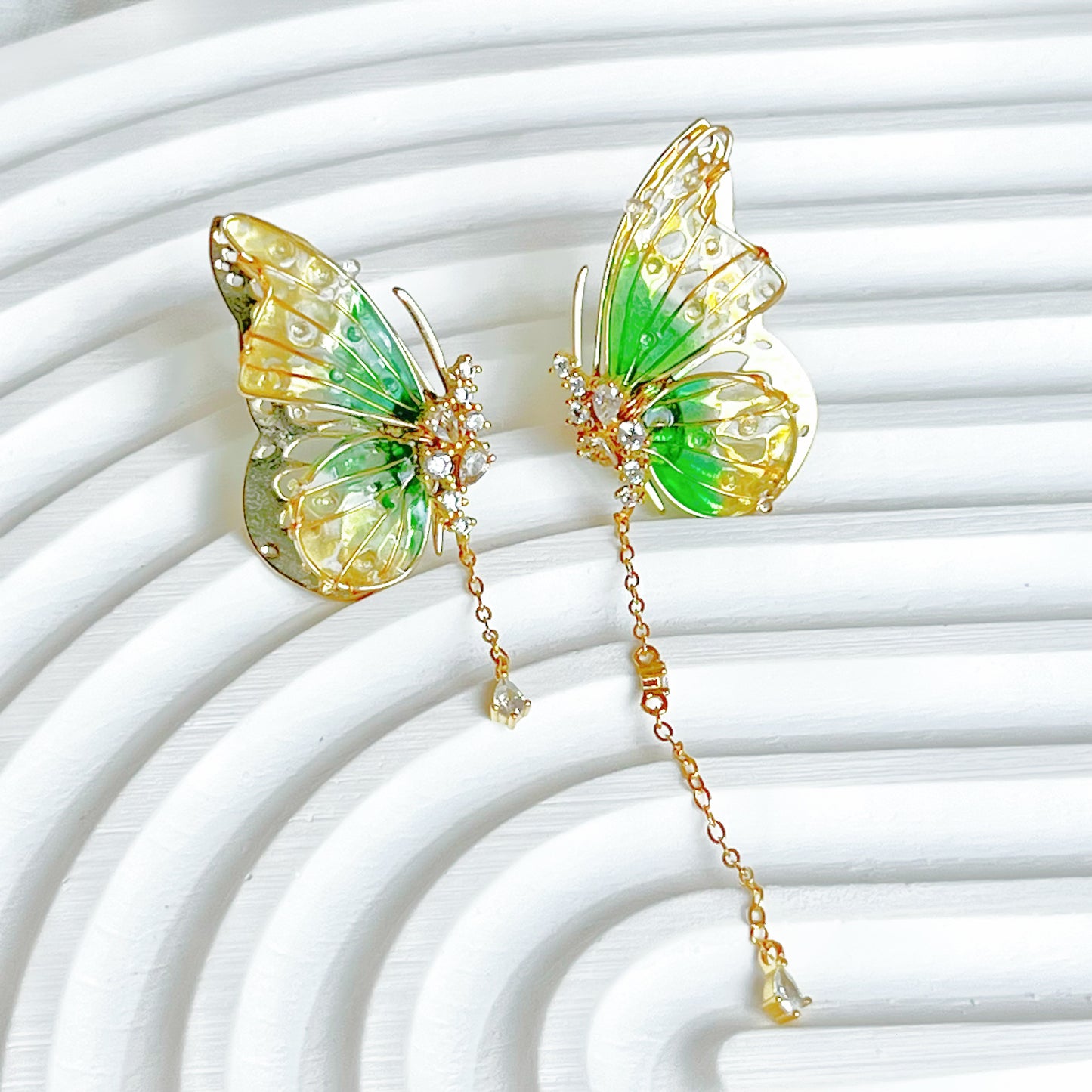 Handmade Yellow Green Butterflies with Drops Earrings-Ninaouity