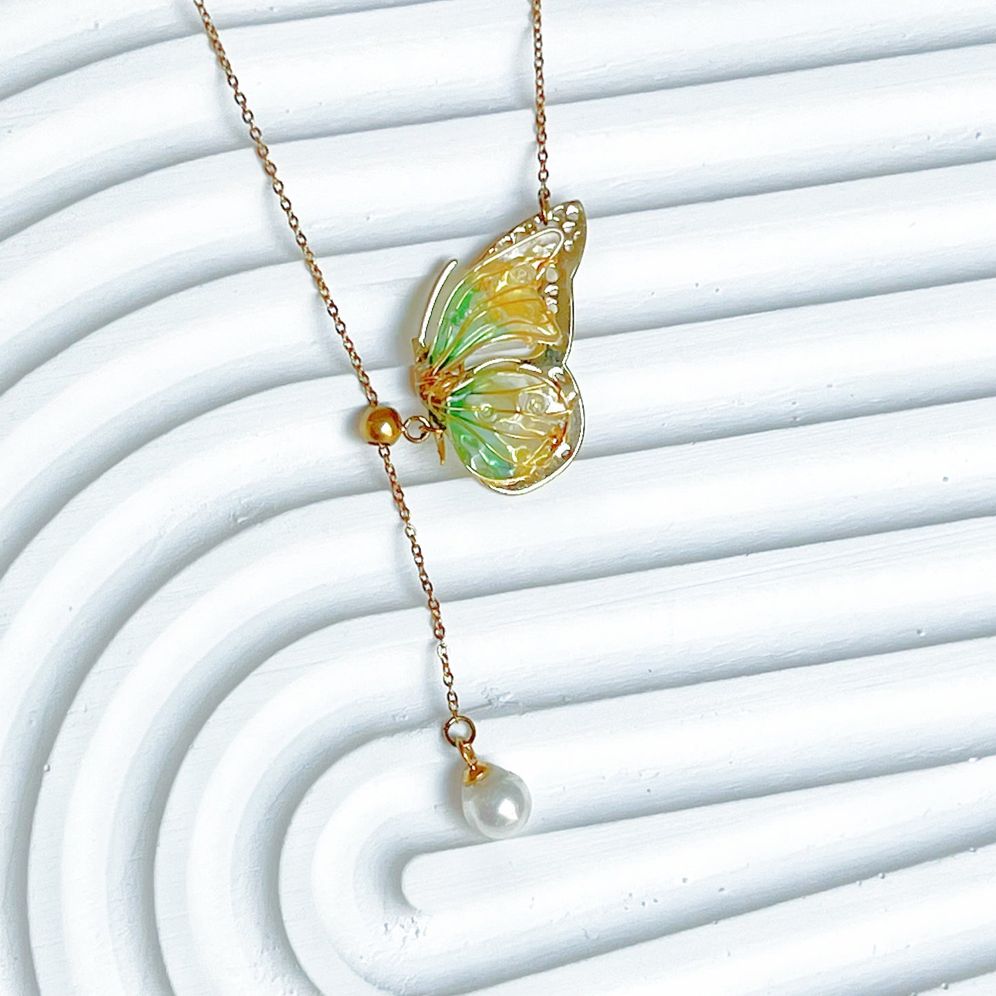 Handmade Yellow Green Butterflies with Pearl Necklace-Ninaouity