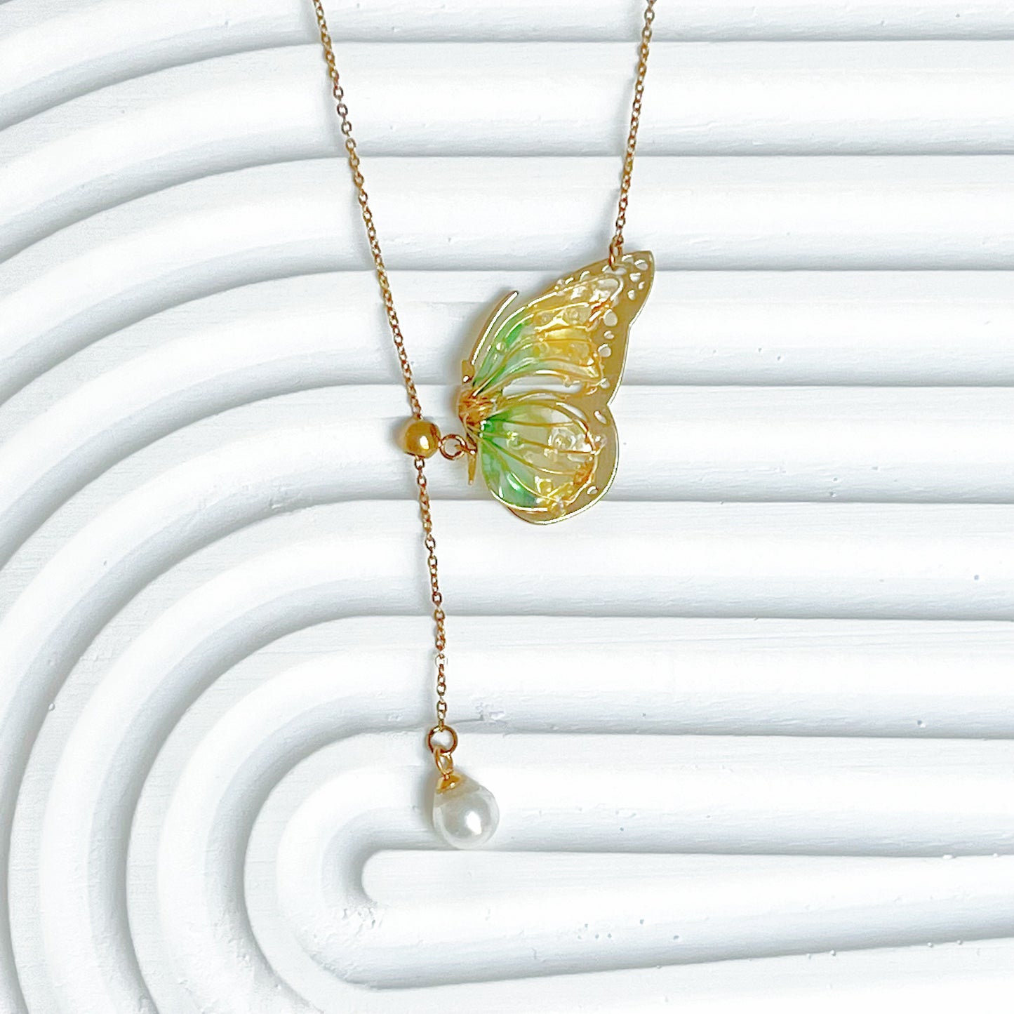 Handmade Yellow Green Butterflies with Pearl Necklace-Ninaouity