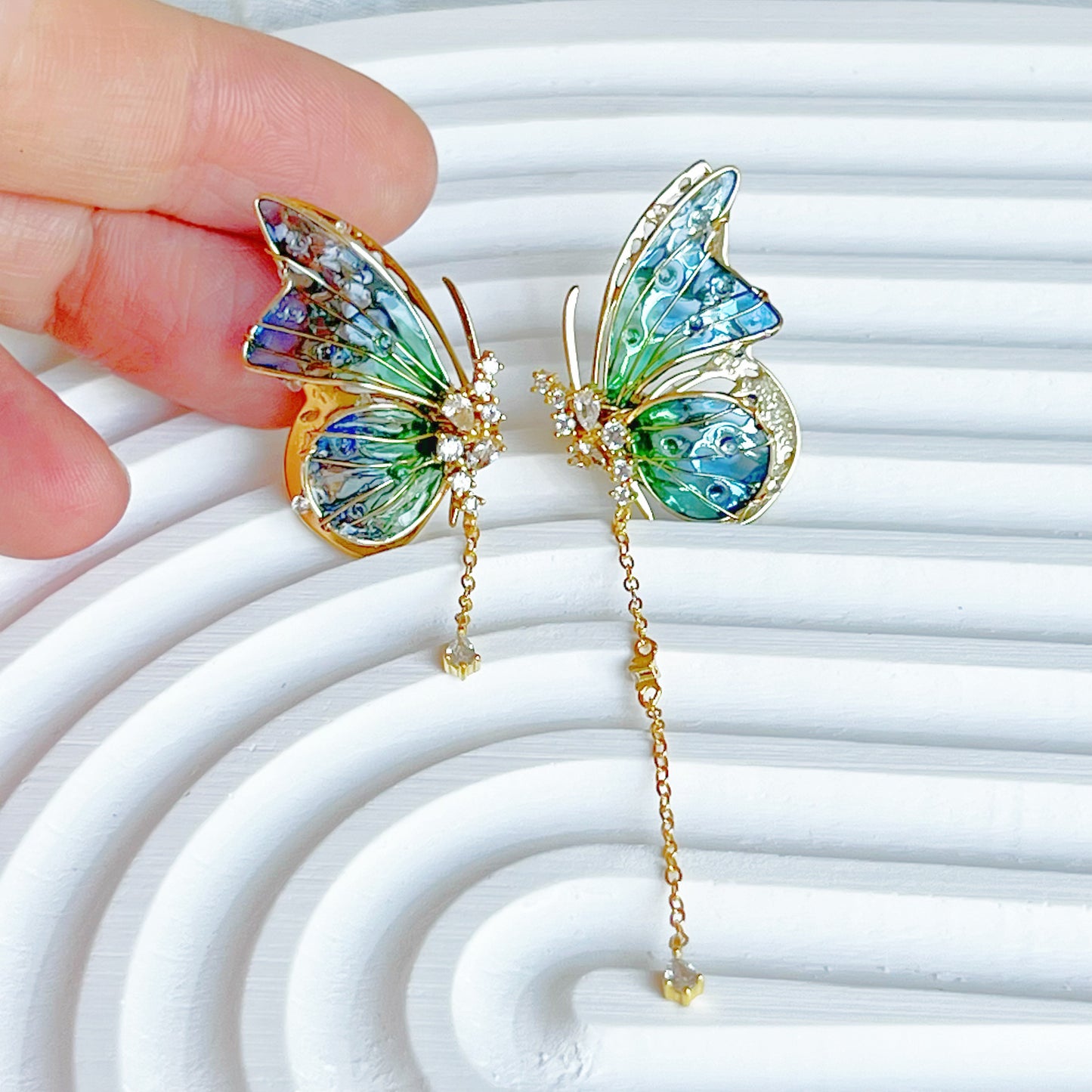 Handmade Blue Green Butterflies with Drops Earrings-Ninaouity
