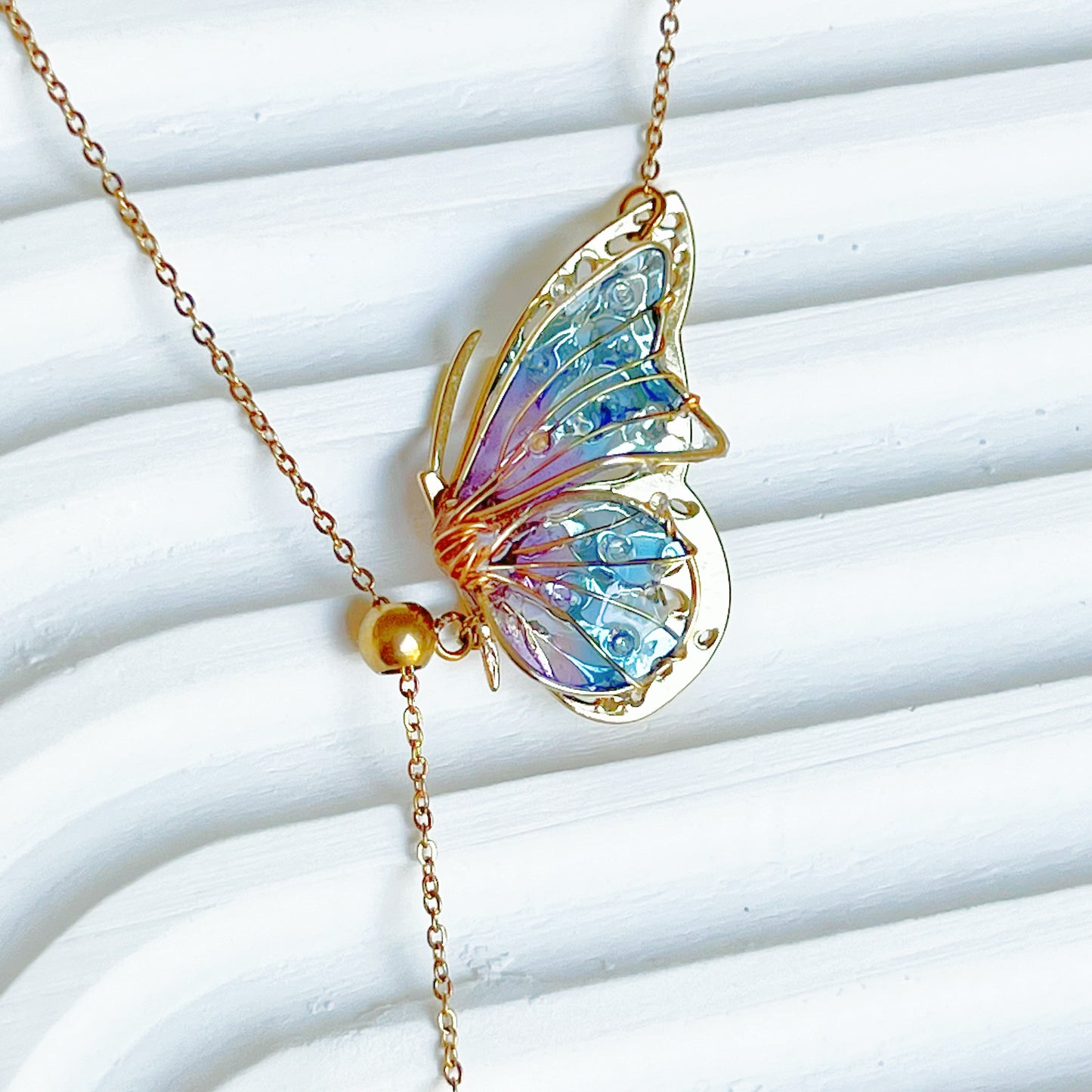 Handmade Blue Purple Butterflies with Pearl Necklace-Ninaouity
