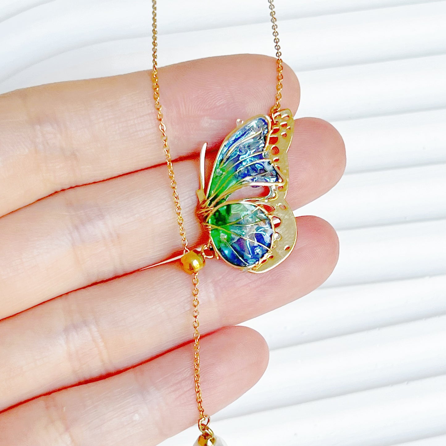 Handmade Blue Green Butterflies with Pearl Necklace-Ninaouity