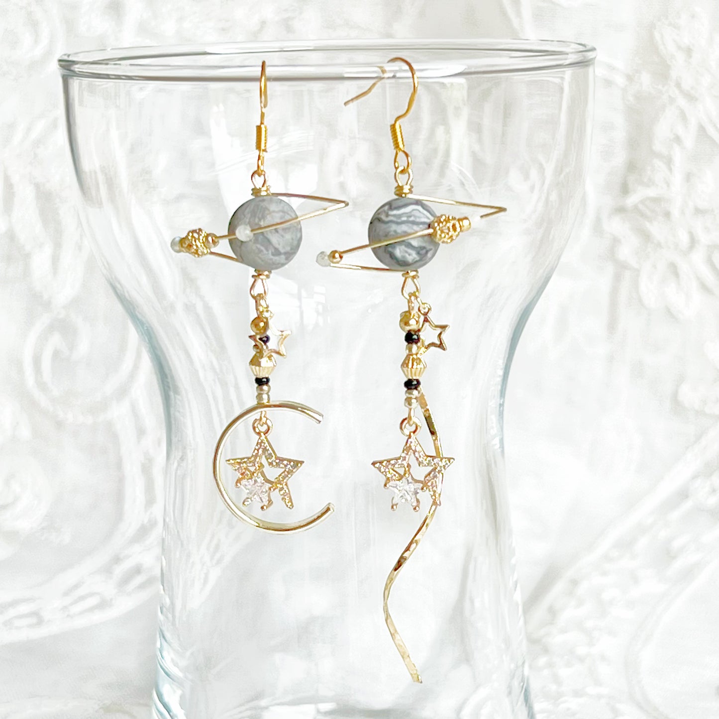 Grey Picaaso Jasper Nature Stone Planet Stars Earrings-Ninaouity