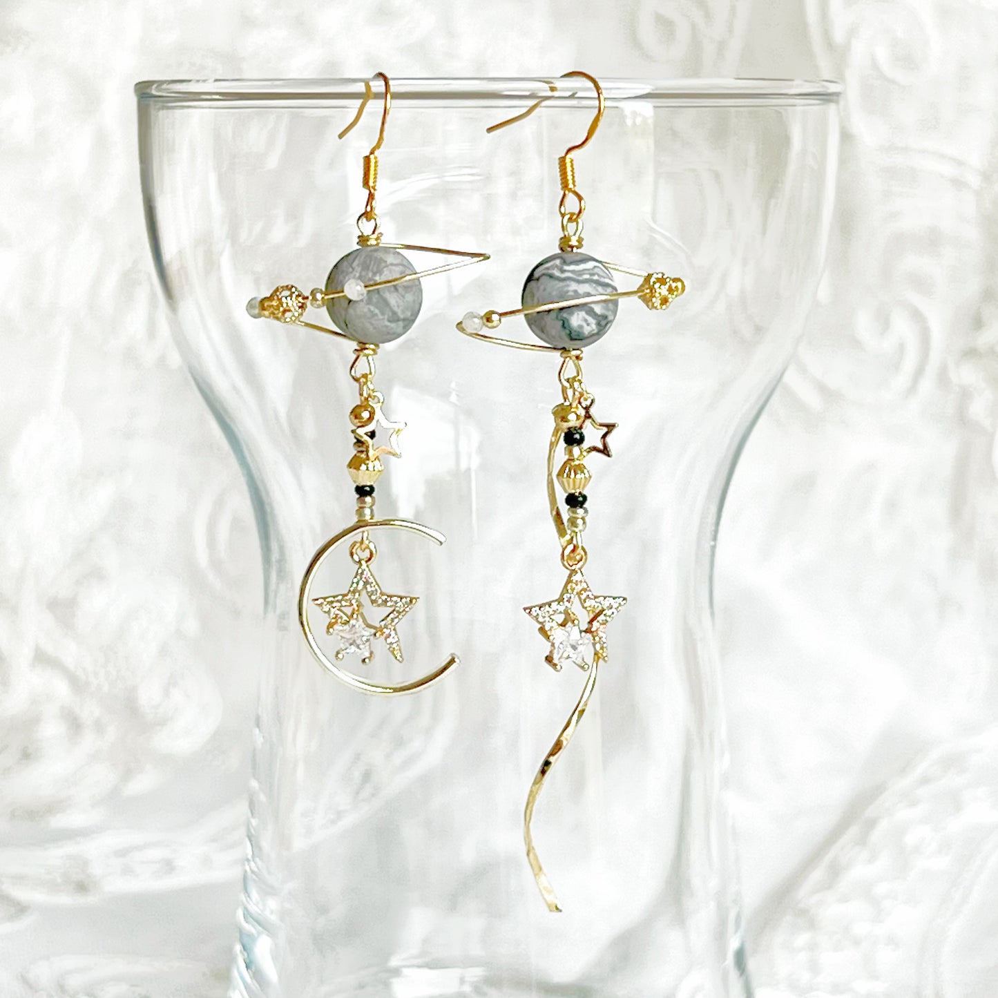 Grey Picaaso Jasper Nature Stone Planet Stars Earrings-Ninaouity