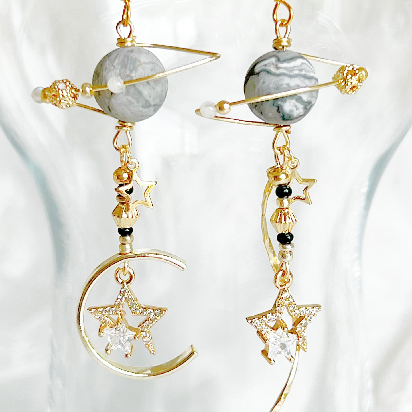 Grey Picaaso Jasper Nature Stone Planet Stars Earrings-Ninaouity