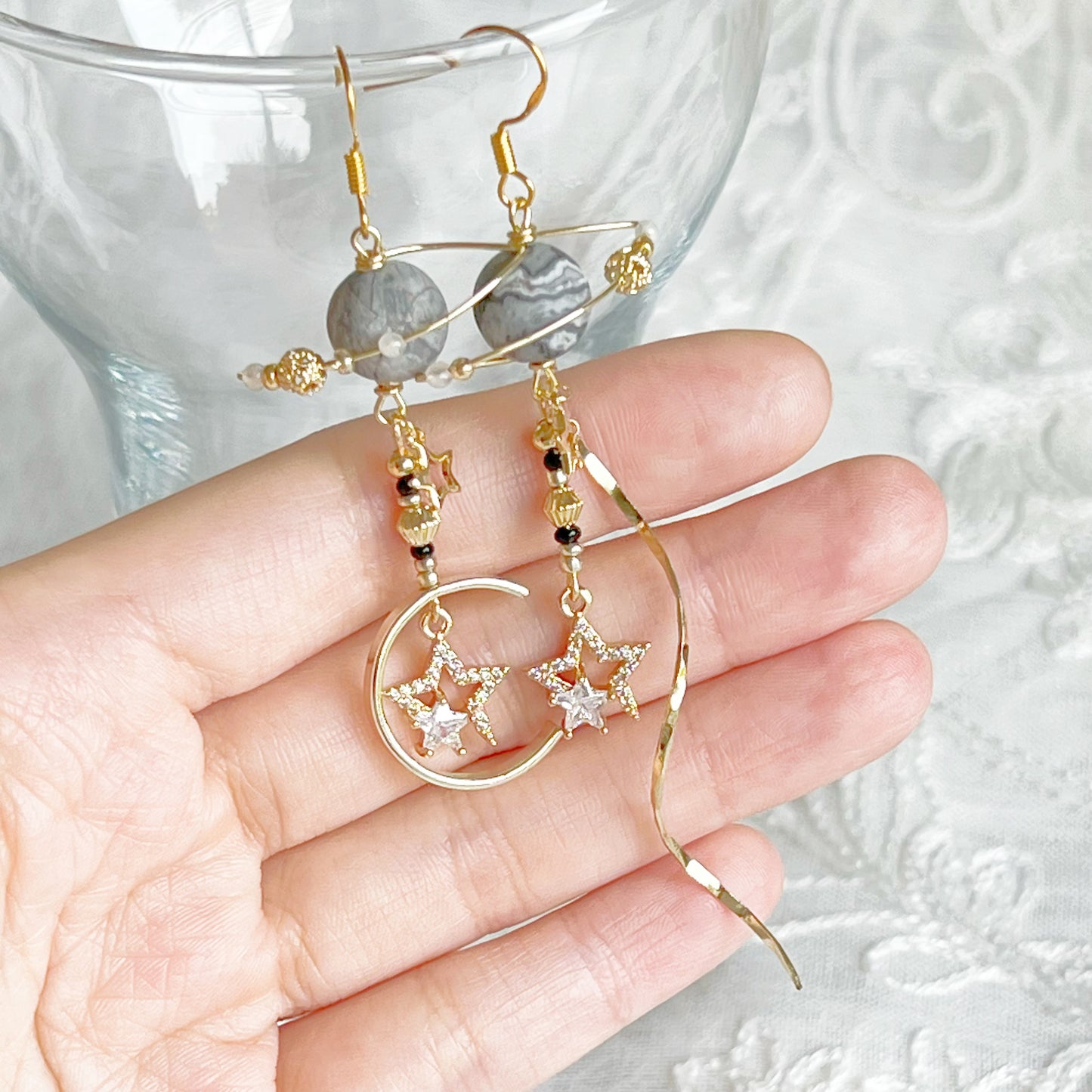 Grey Picaaso Jasper Nature Stone Planet Stars Earrings-Ninaouity