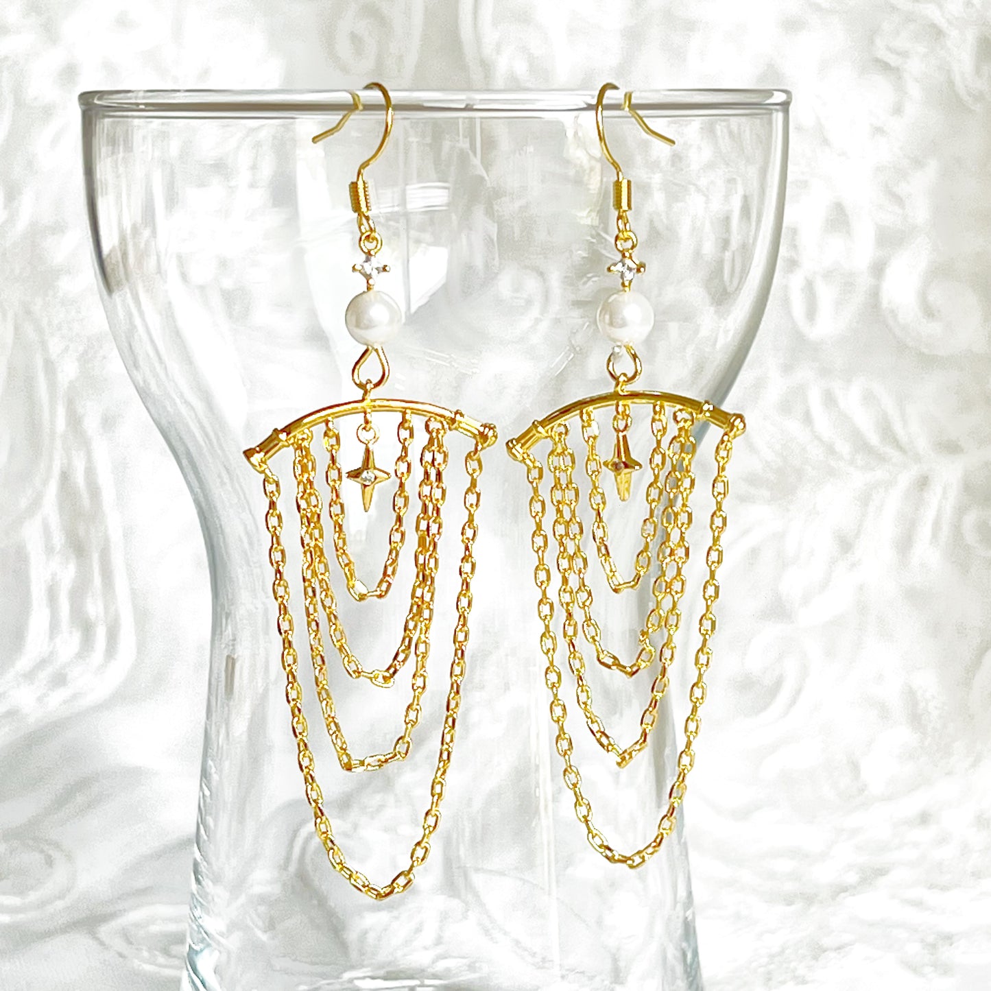 Pearl and Pole Star Curtain Earrings-Ninaouity