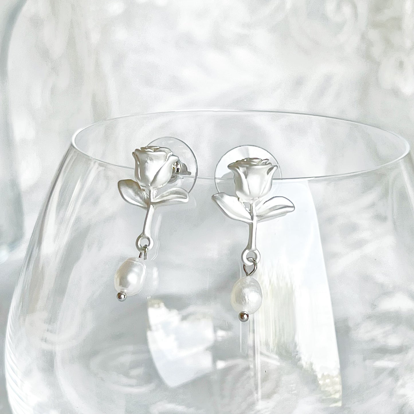 Silver Rose with Pearl Earrings-Ninaouity
