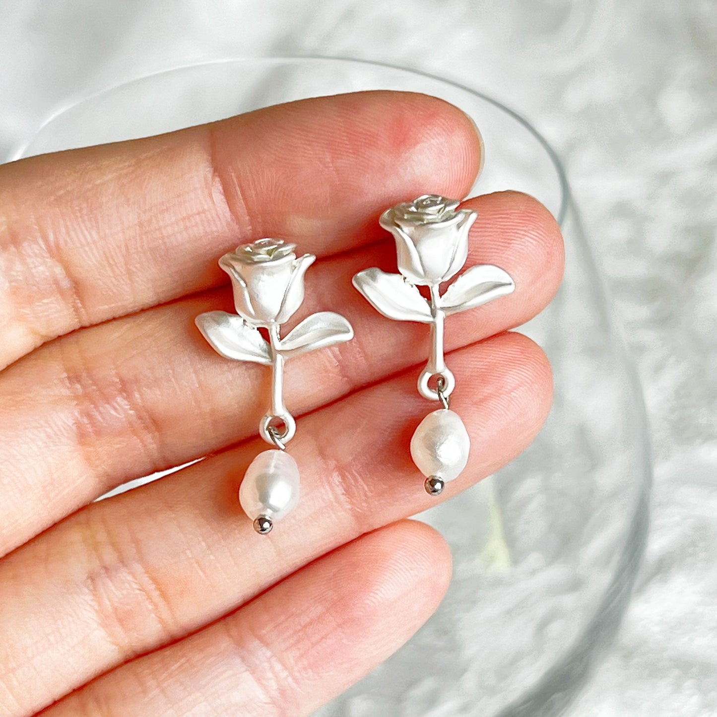 Silver Rose with Pearl Earrings-Ninaouity