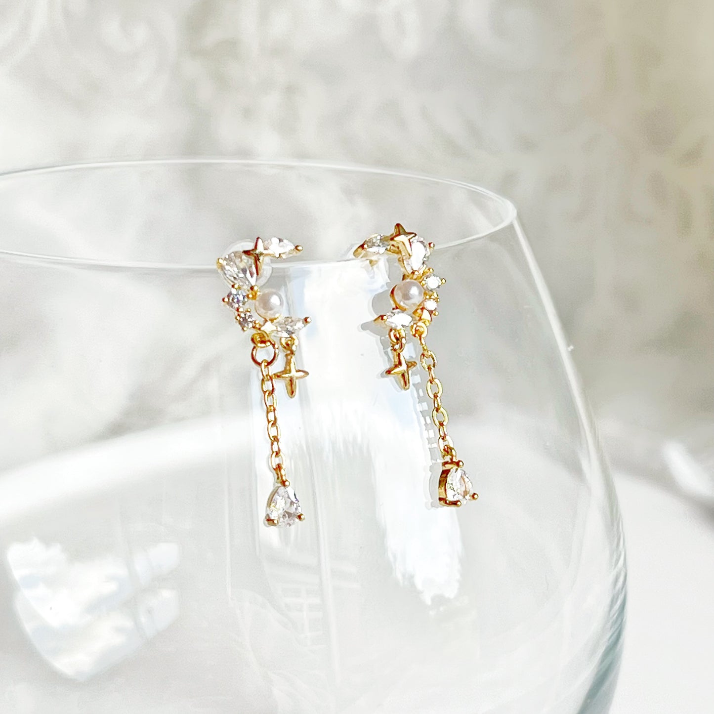 Crystal Moon and Star Drop Earrings-Ninaouity