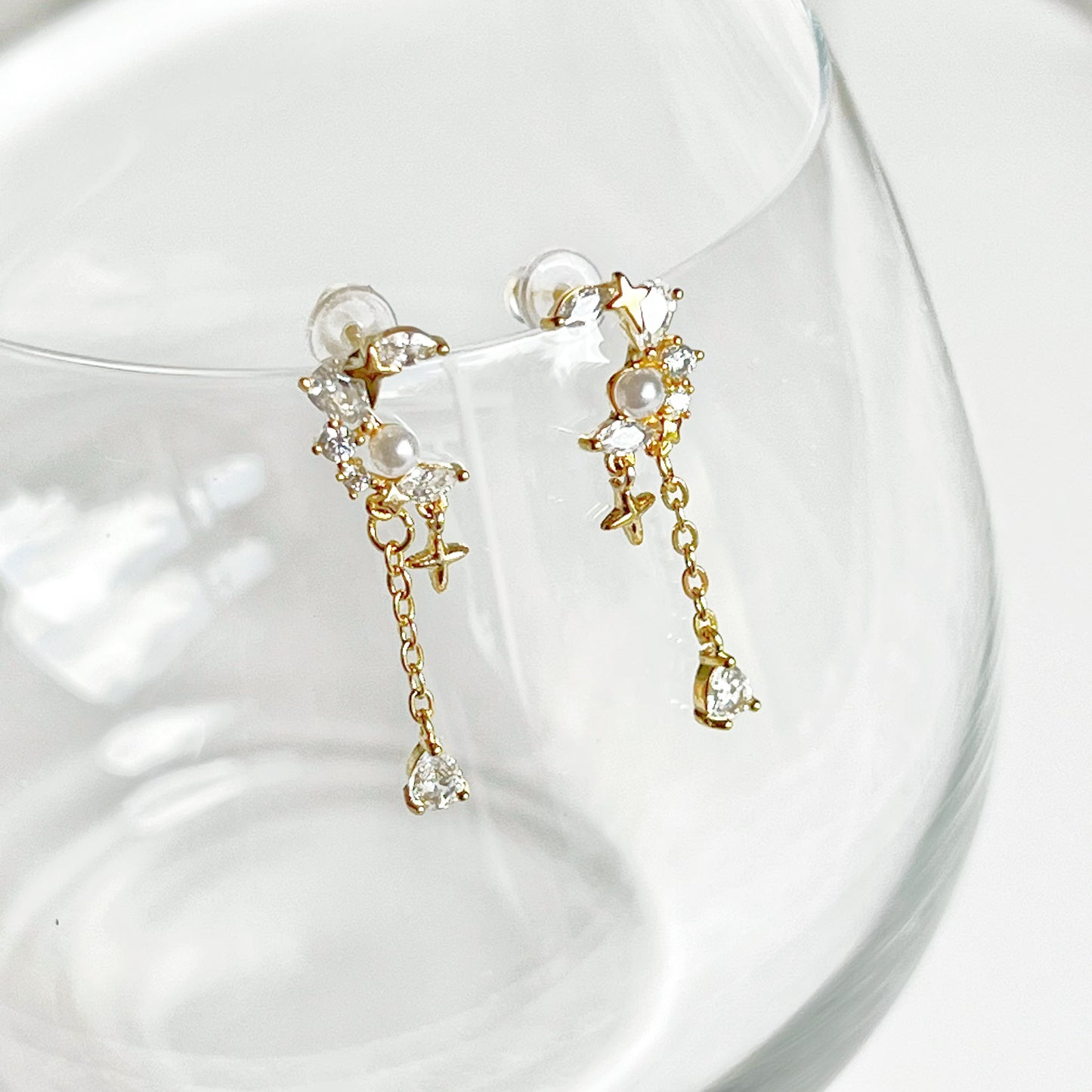 Crystal Moon and Star Drop Earrings-Ninaouity