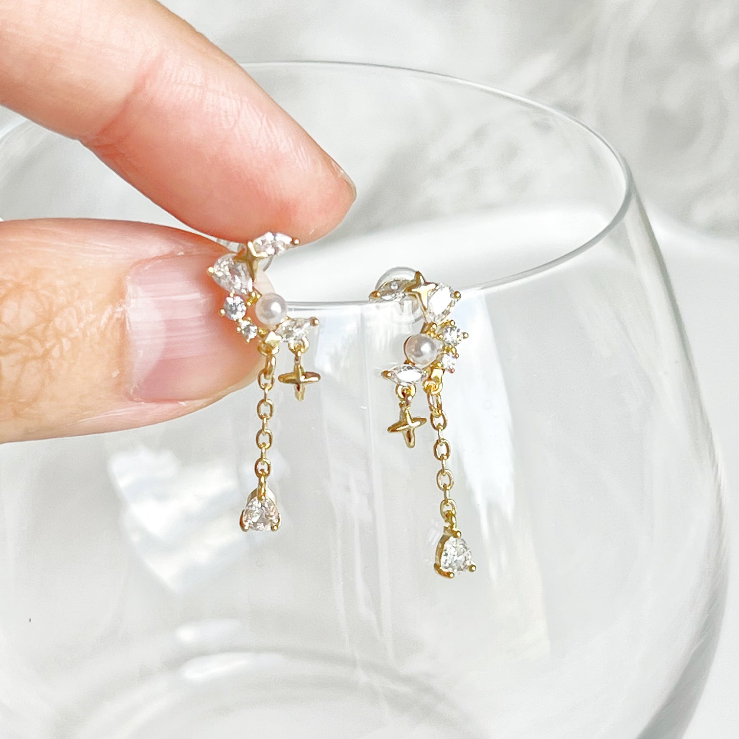 Crystal Moon and Star Drop Earrings-Ninaouity
