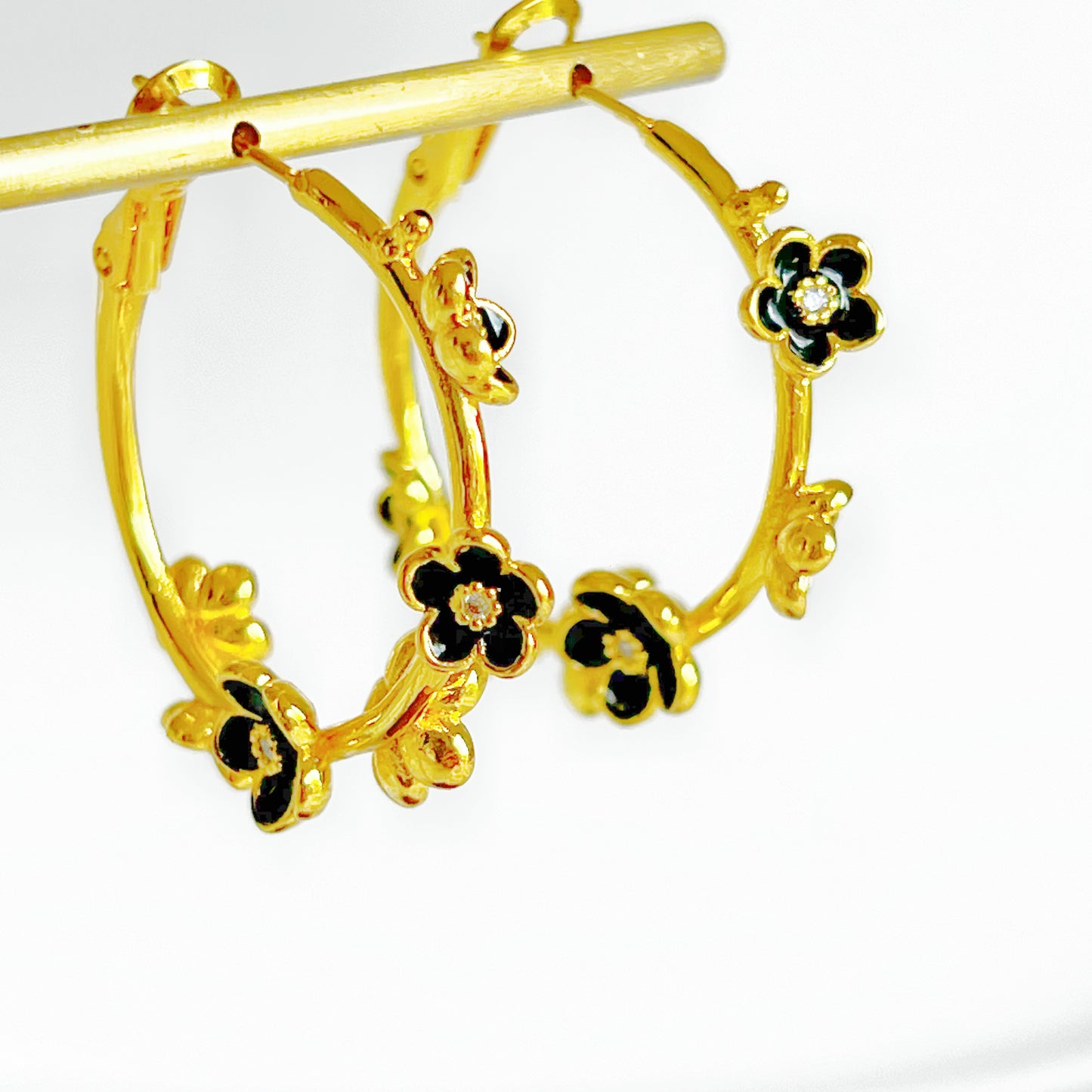 Black Flowers in Gold Hoop Earrings-Ninaouity