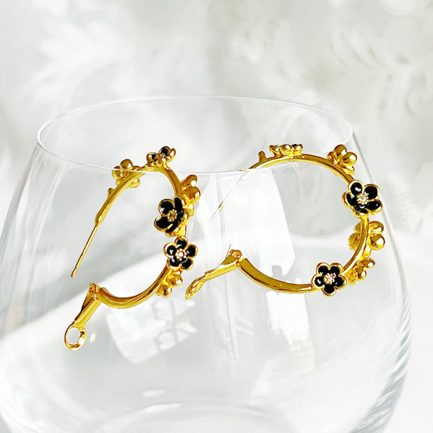 Black Flowers in Gold Hoop Earrings-Ninaouity