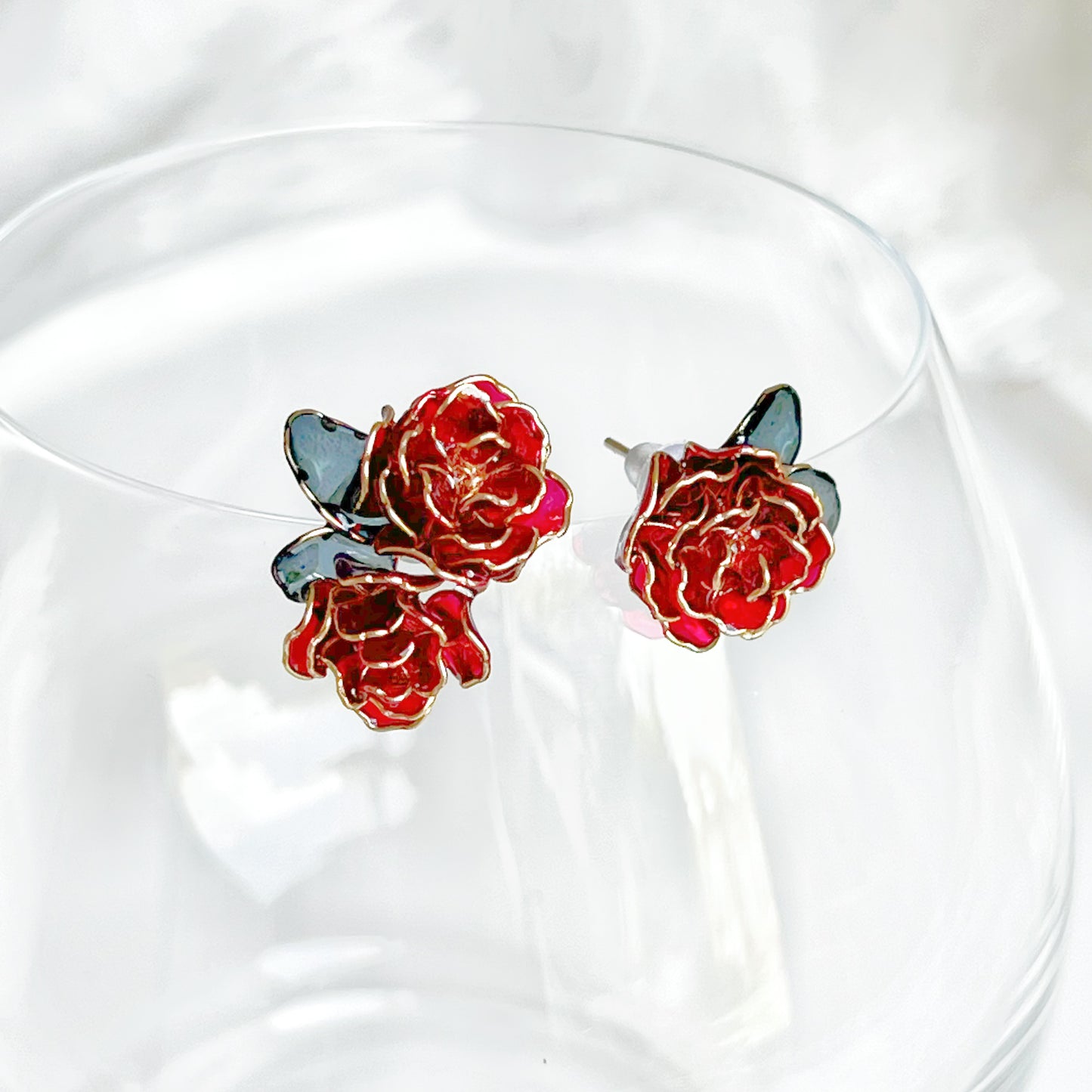 Handmade Red Rose Flowers Mismatch Earrings-Ninaouity