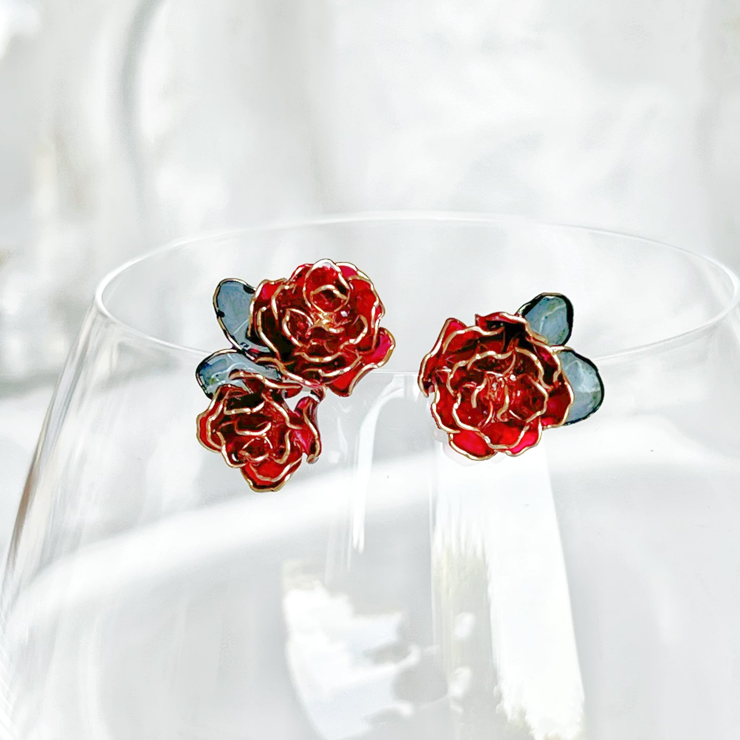 Handmade Red Rose Flowers Mismatch Earrings-Ninaouity