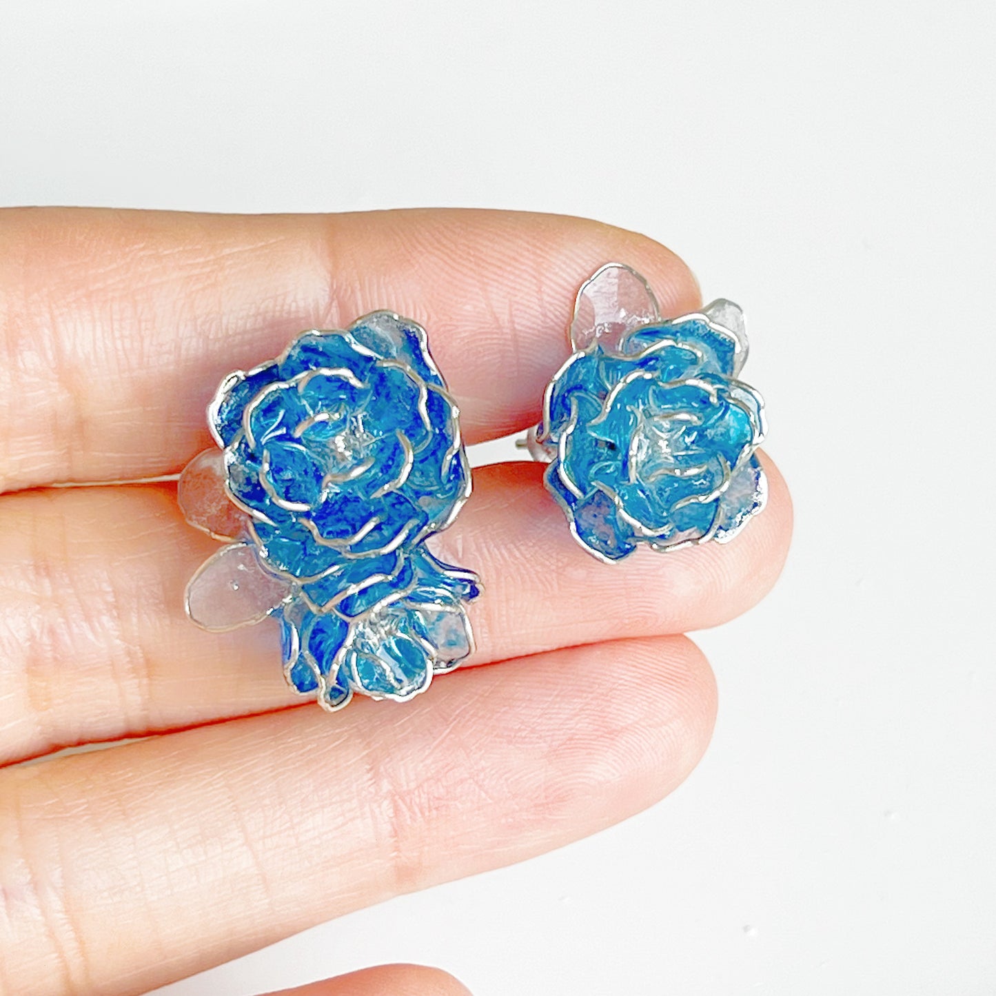 Handmade Blue Rose Flowers Mismatch Earrings-Ninaouity