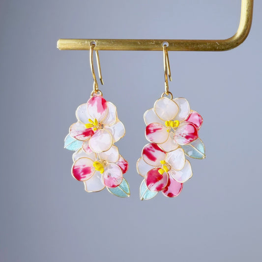 Handmade Two Tone Red and White Camellia Flowers Drop Earrings