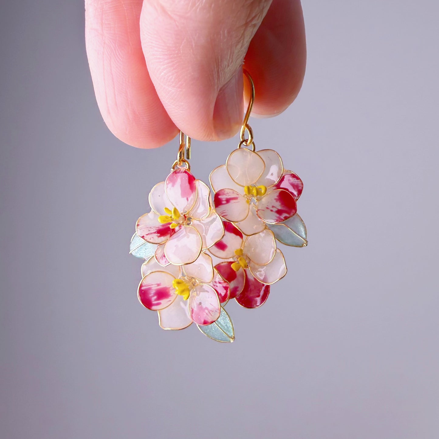 Handmade Two Tone Red and White Camellia Flowers Drop Earrings