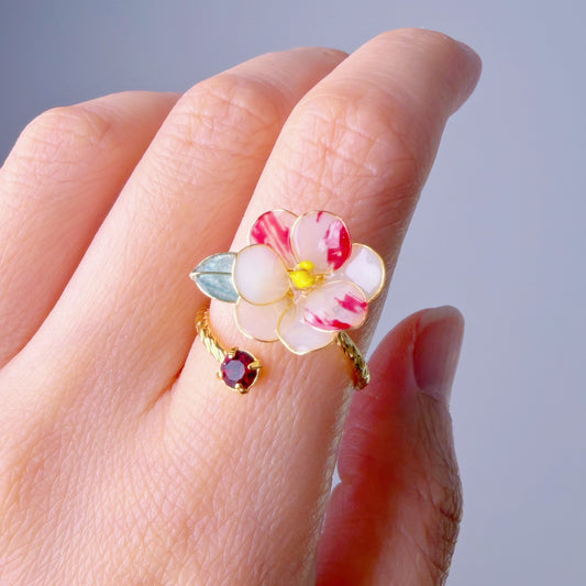 Handmade Two Tone Red and White Camellia Flower Ring