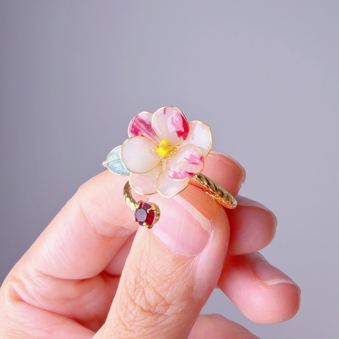 Handmade Two Tone Red and White Camellia Flower Ring