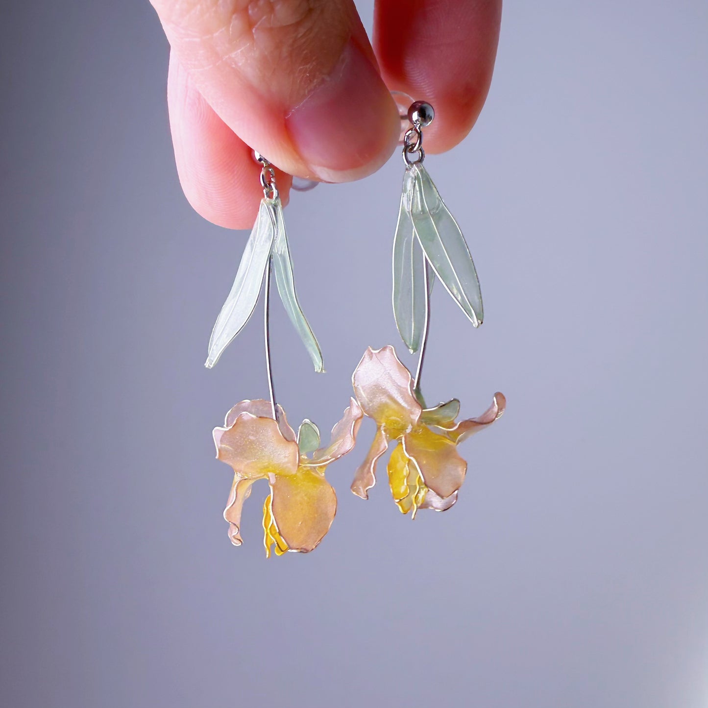 Handmade Pale Pink German Bearded Iris Resin Flower Earrings