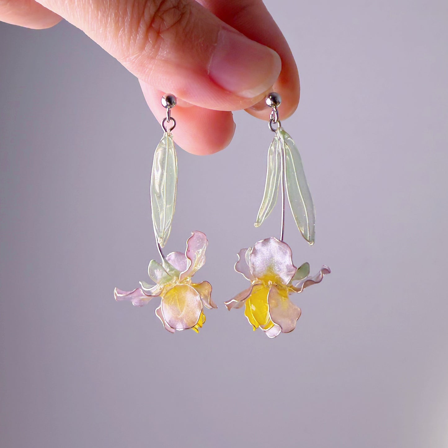 Handmade Pale Purple German Bearded Iris Resin Flower Earrings