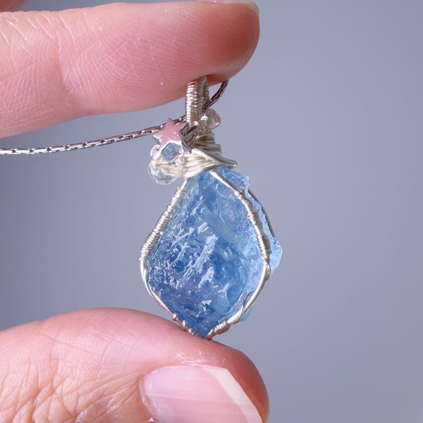 Quartzberry - Natural Blue Aquamarine Crystal Drop Shape Wire Wrapped Necklace - One-of-a-kind