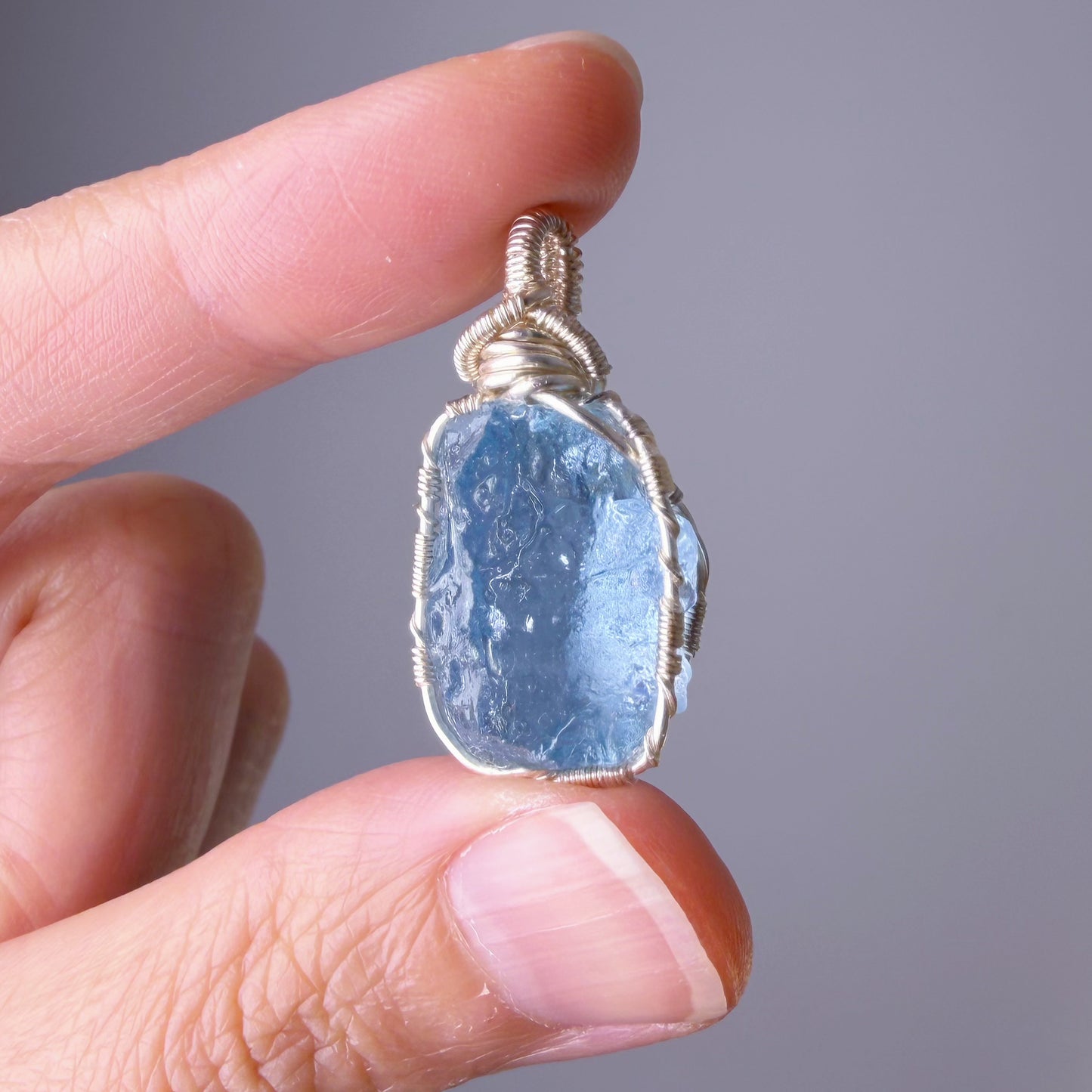 Quartzberry - Natural Blue Aquamarine Crystal Drop Shape Wire Wrapped Necklace - One-of-a-kind