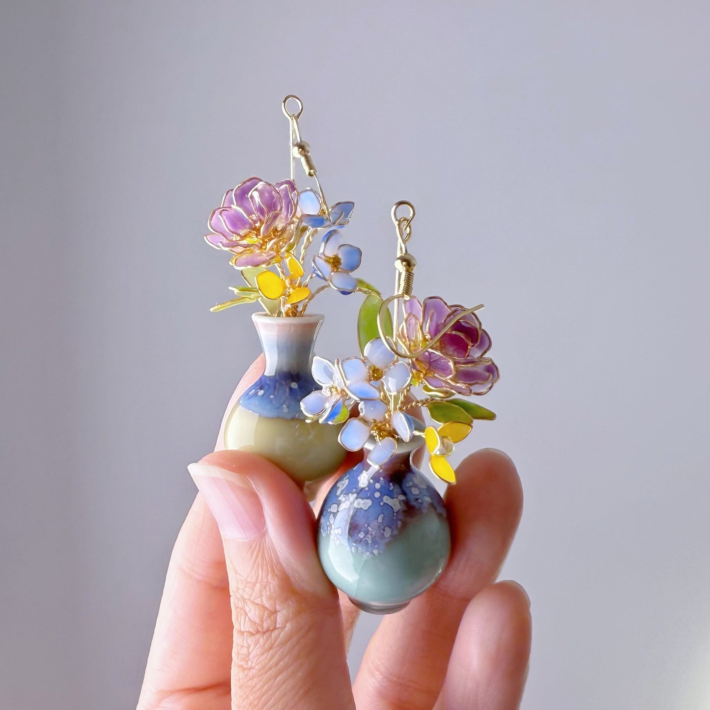 Handmade Purple Roses and Hydrangeas Flowers in Ceramic Vase Earrings