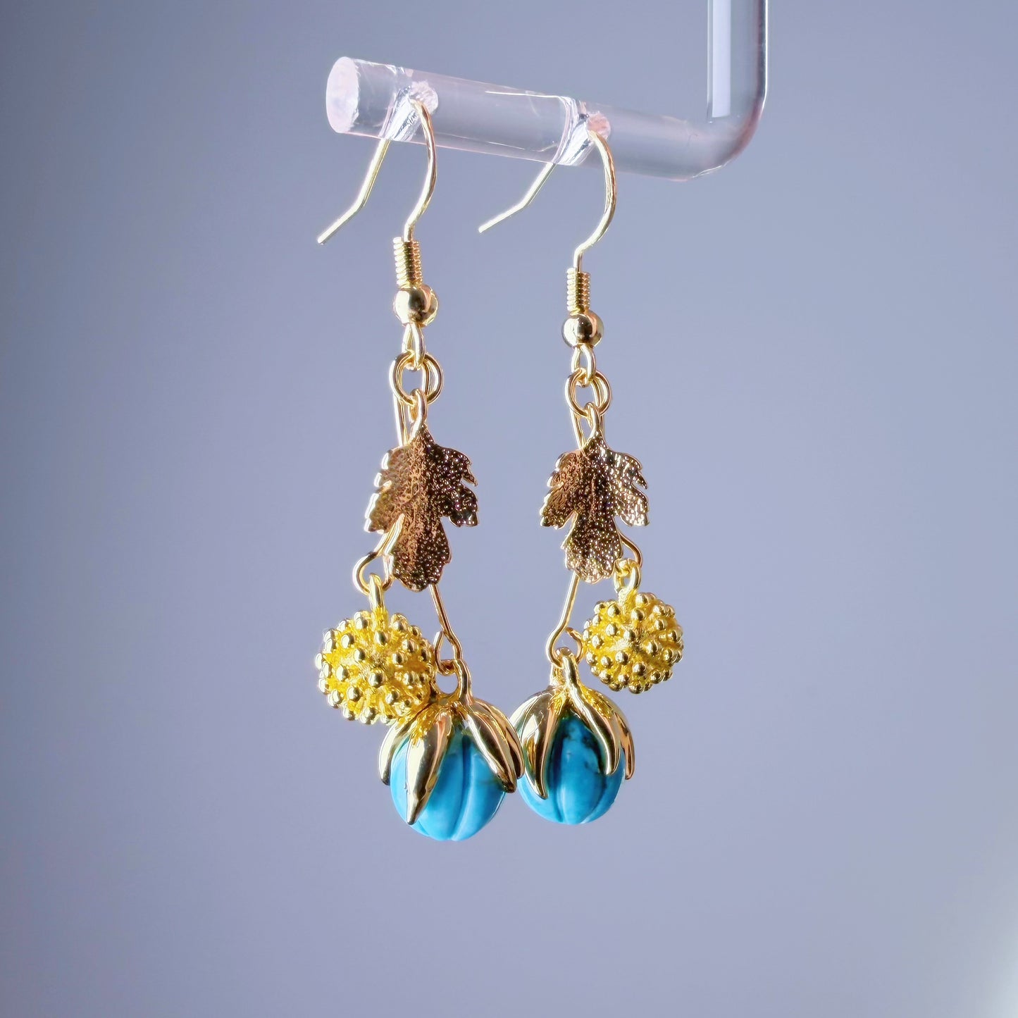 Handmade Blue Magnesite Pumpkin and Leaves Dangle Earrings