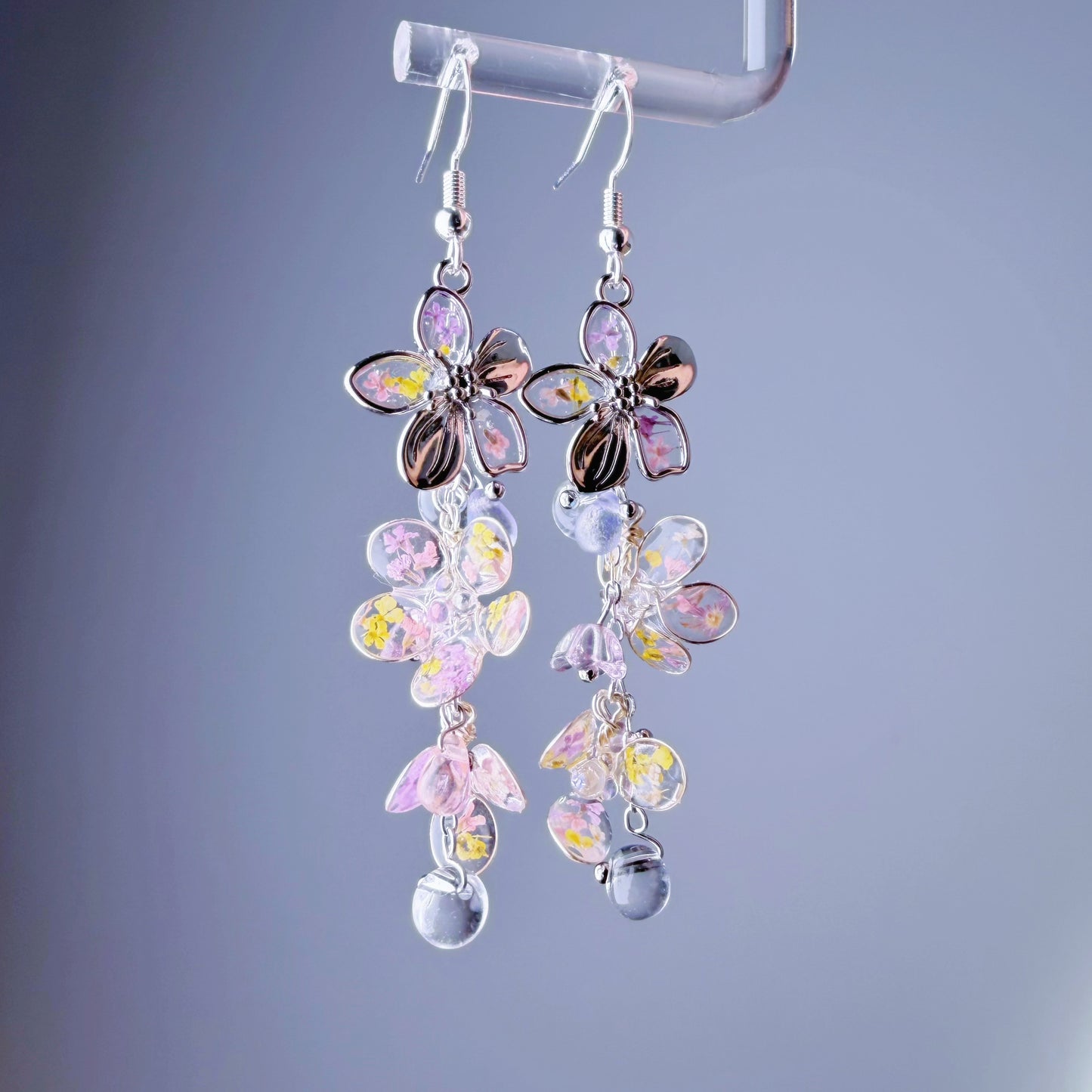 Handmade Silver Pressed Flowers Cherry Blossom Sakura Dangle Earrings