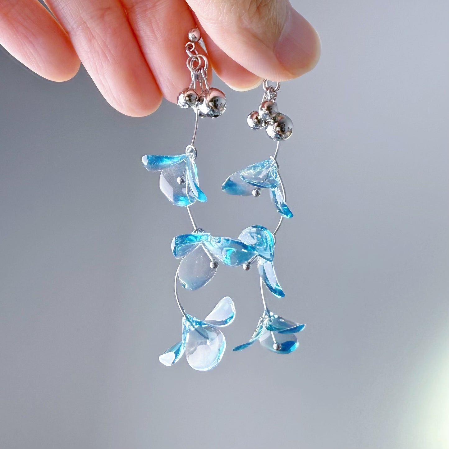 Handmade Clear Ice Blue Gentian Flowers Earrings