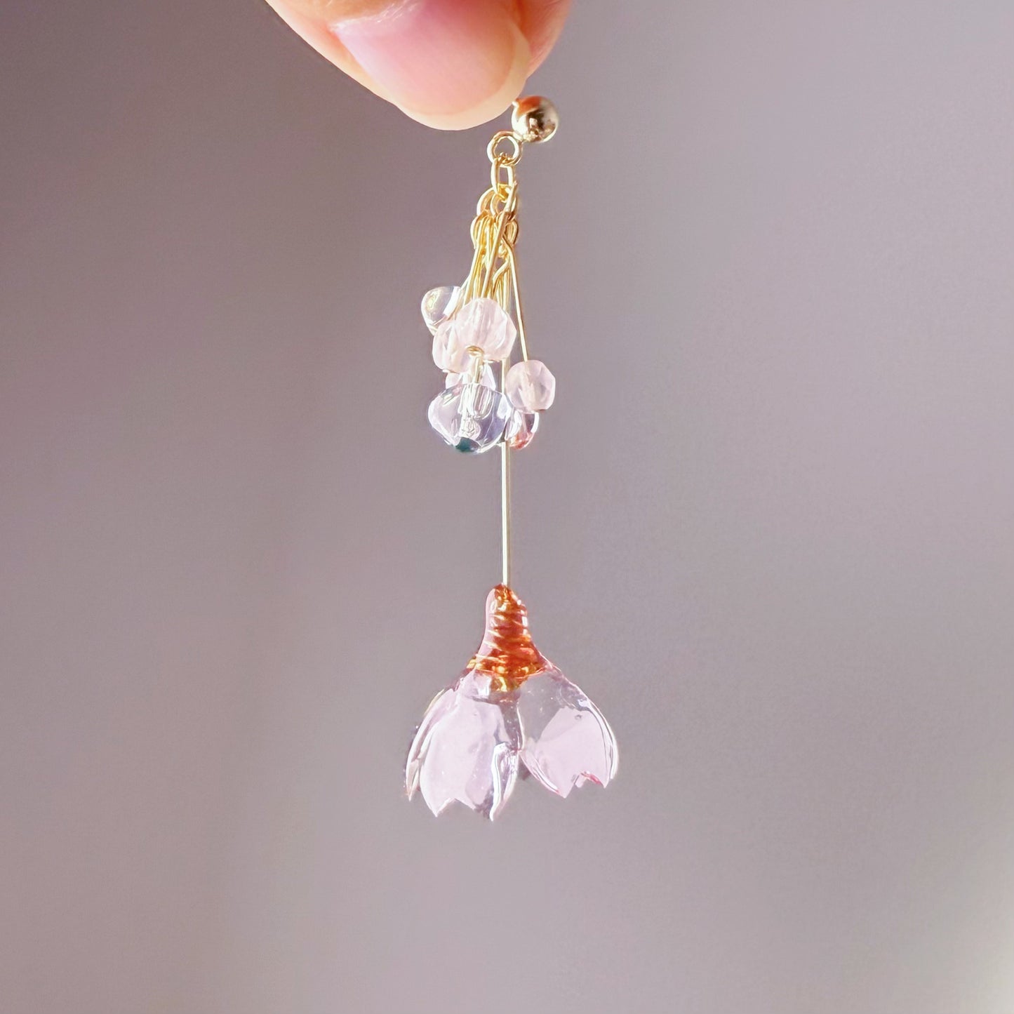 Handmade Clear Ice Pink Sakura Cherry Blossom Flowers Earrings